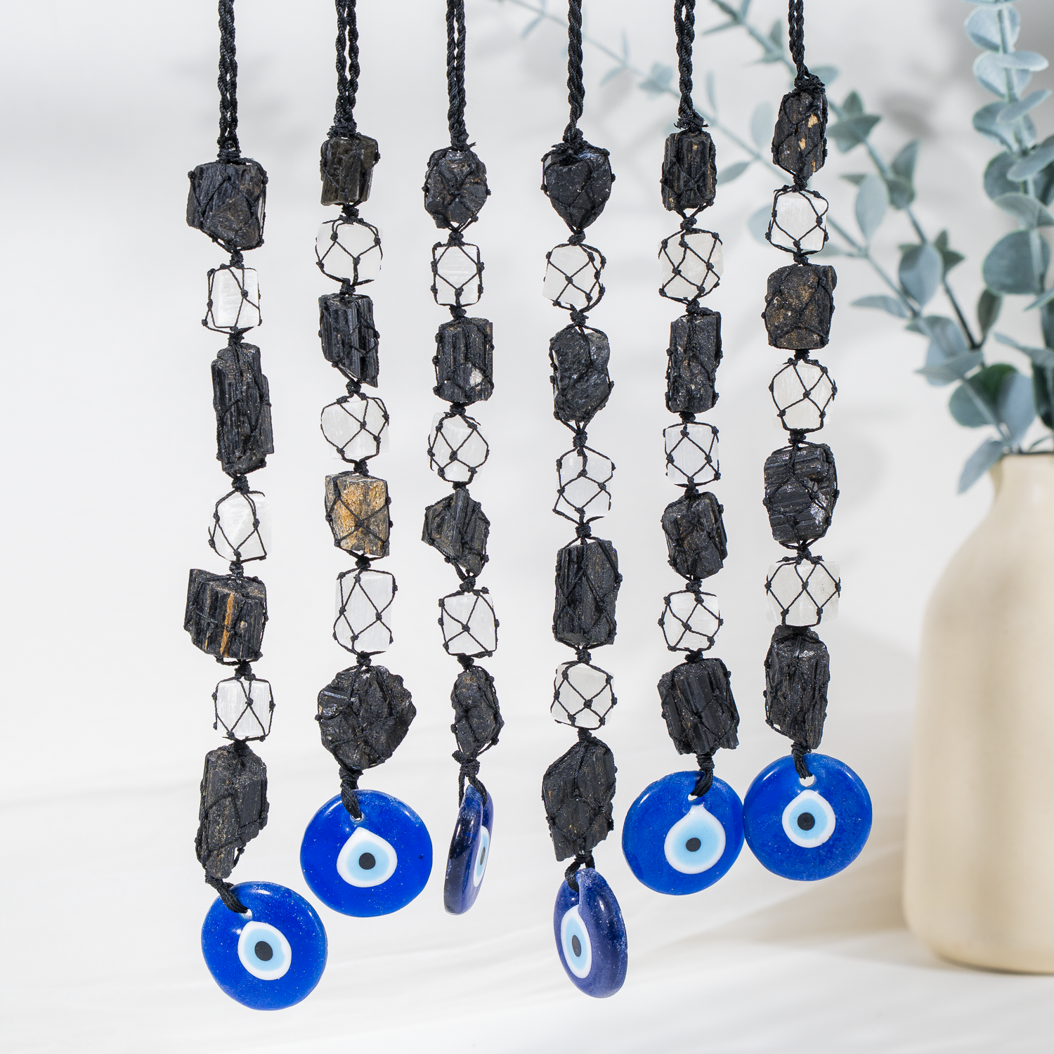 Black Tourmaline & Selenite With Evil Eye Crystal Hanger DestGlow