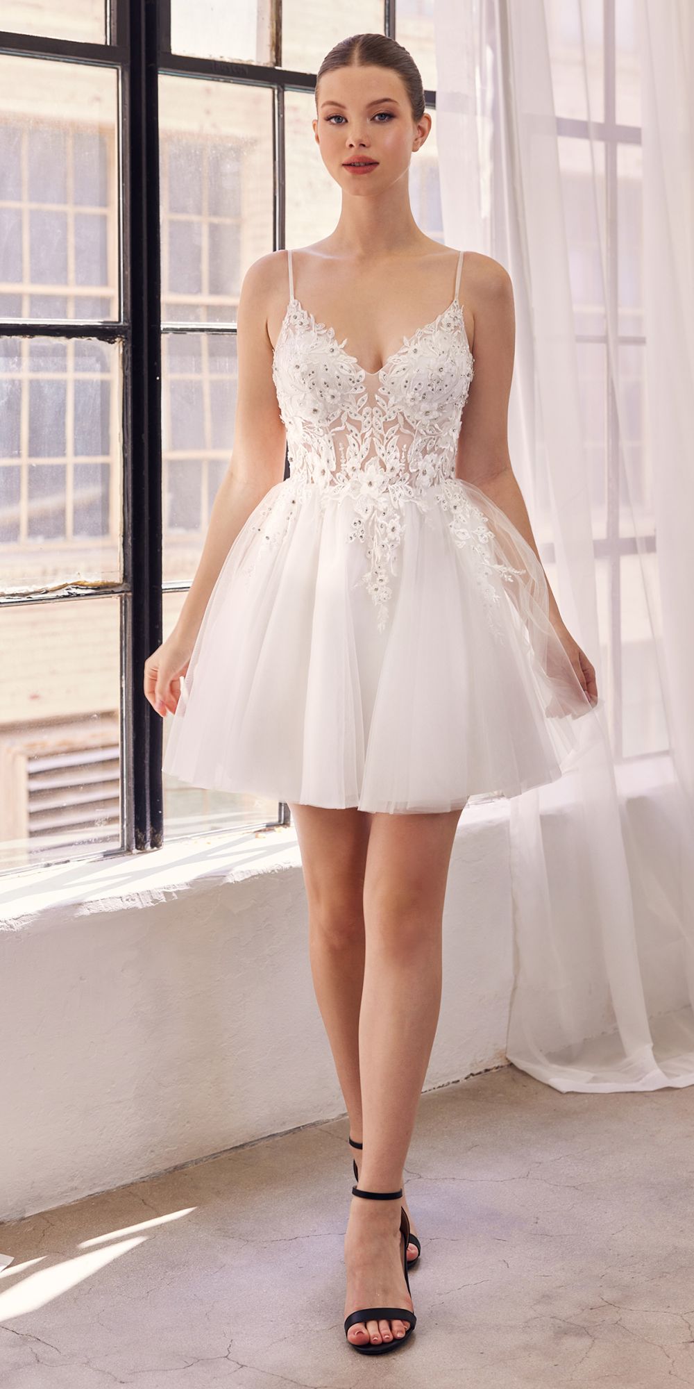 Ladivine SF047 Lace Bodice A-Line Layered Tulle Short Dress by DiscountDressShop