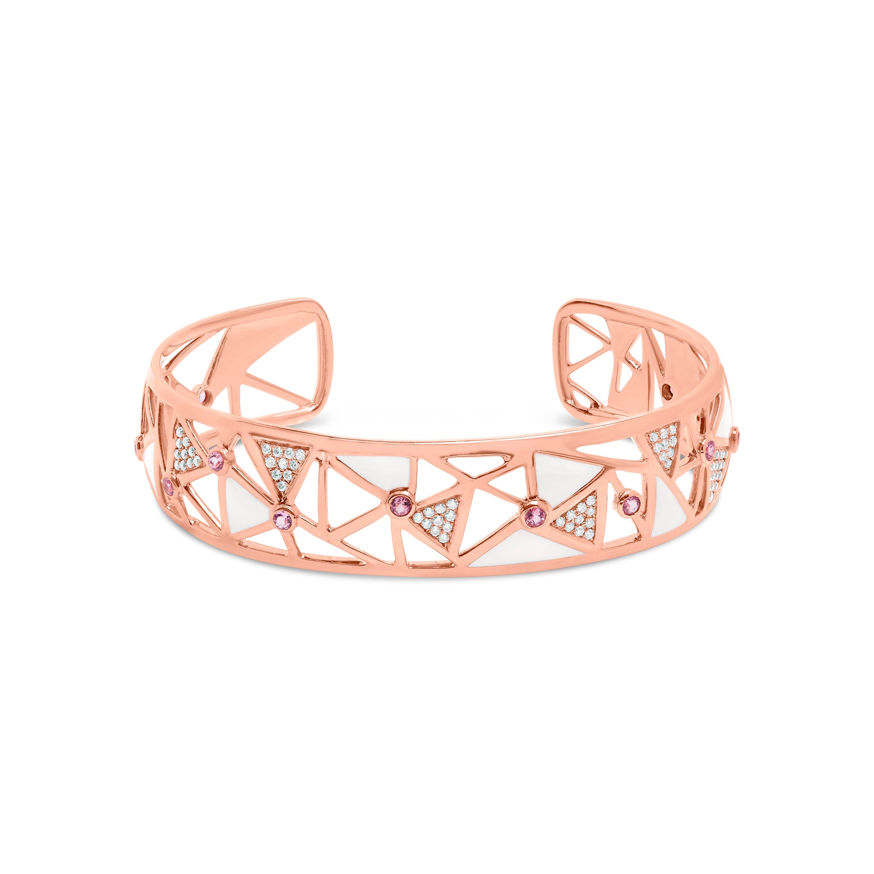 14K Rose Gold 5/8 Cttw Diamond with Pink Tourmaline Open Cuff Bangle with White Enamel (G-H Color, SI1-SI2 Clarity) - 7" by Bids.com