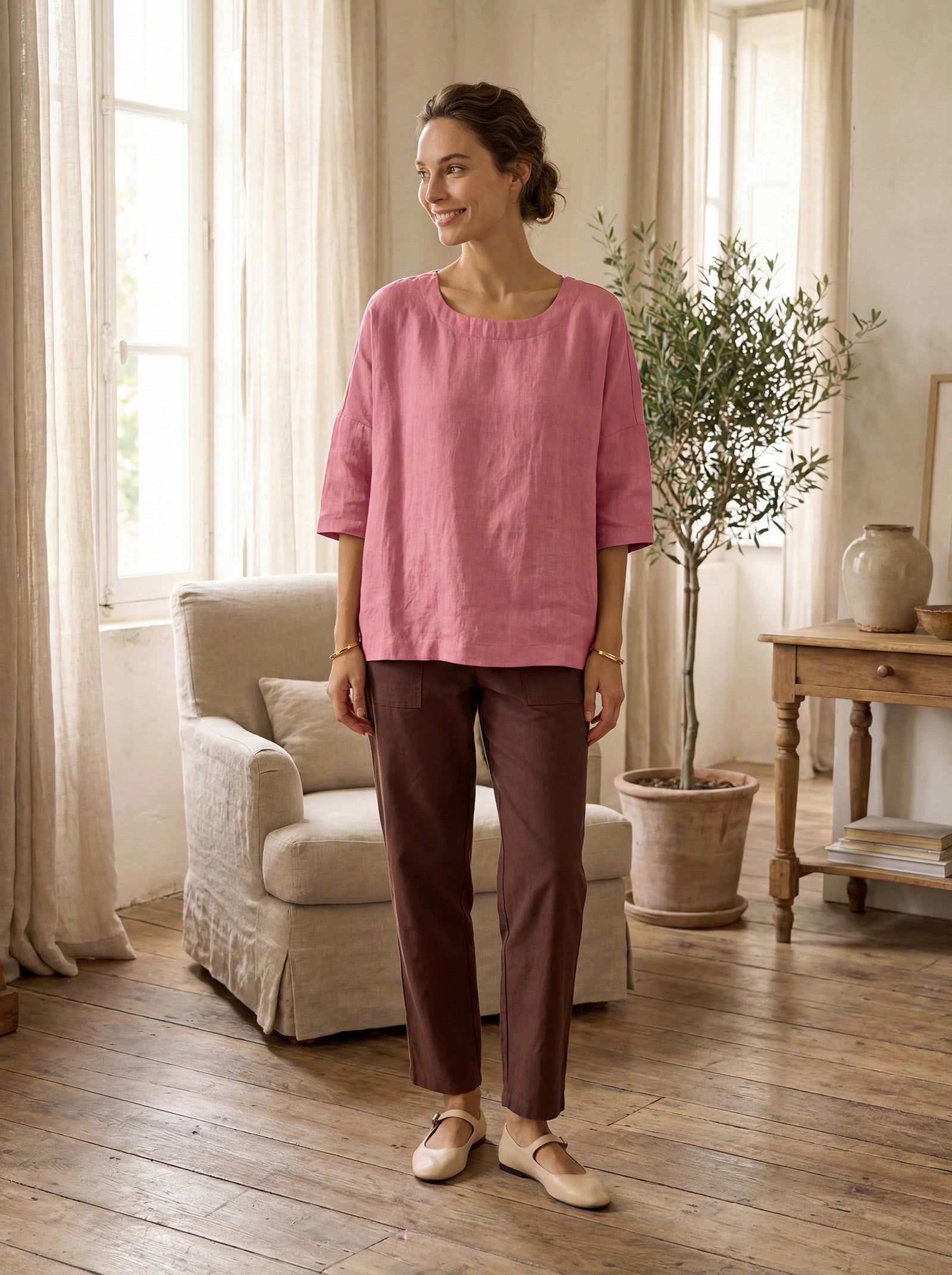Linen Simple Button Fly Trousers HEIDI by LINTICO