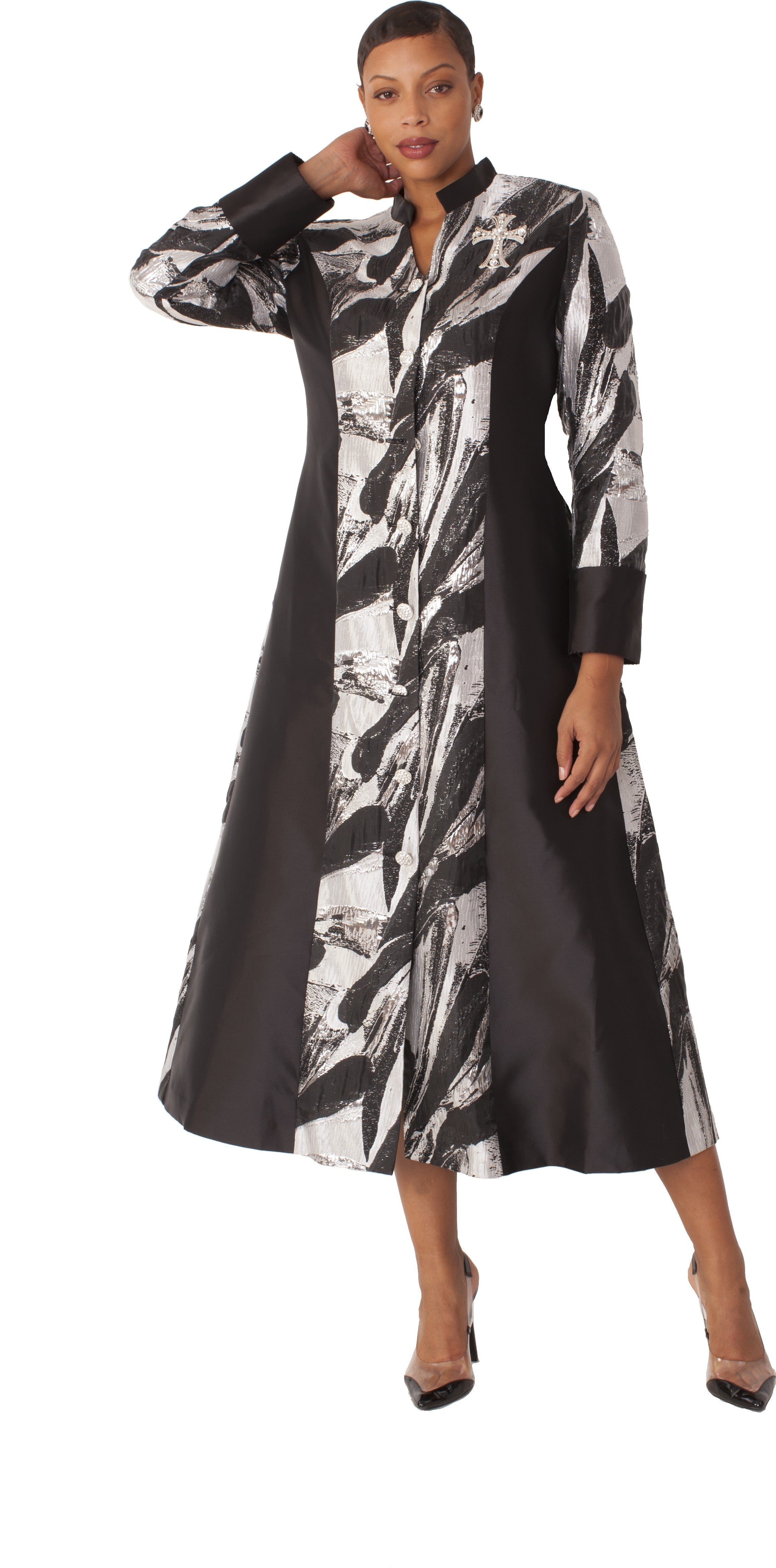 Plus Size Brocade Clergy Robe with Cross Brooch – 4821W by Tally Taylor
