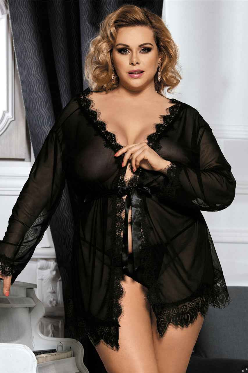 Plus Size Sheer Lace Trim Robe