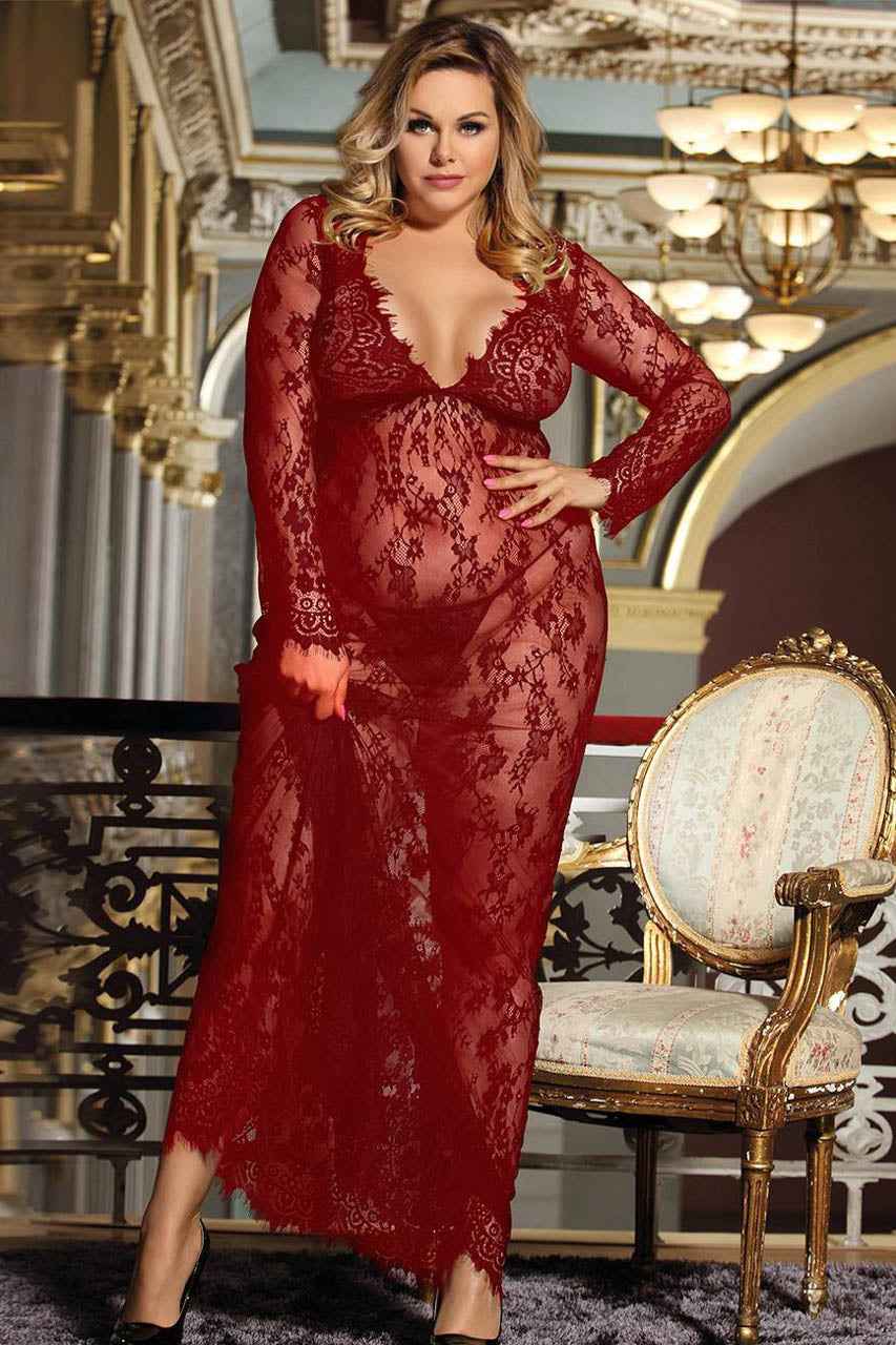 Plus Size Long Lace V Neck Gown