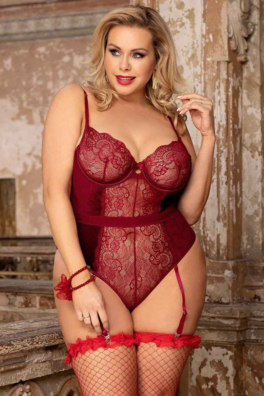 Plus Size Velvet and Lace Underwire Teddy