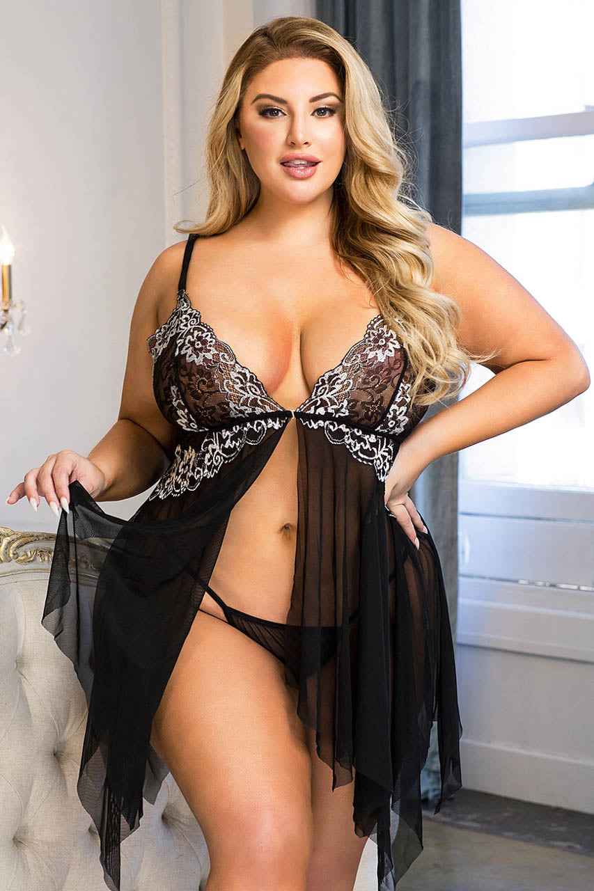 Plus Size Mesh Flyaway Lace Bust Babydoll