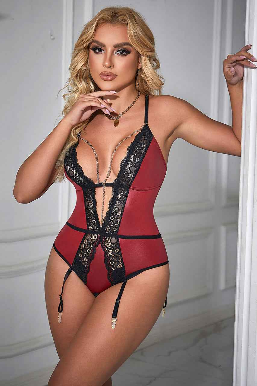 Plus Size Burgundy Faux Leather Teddy Lingerie