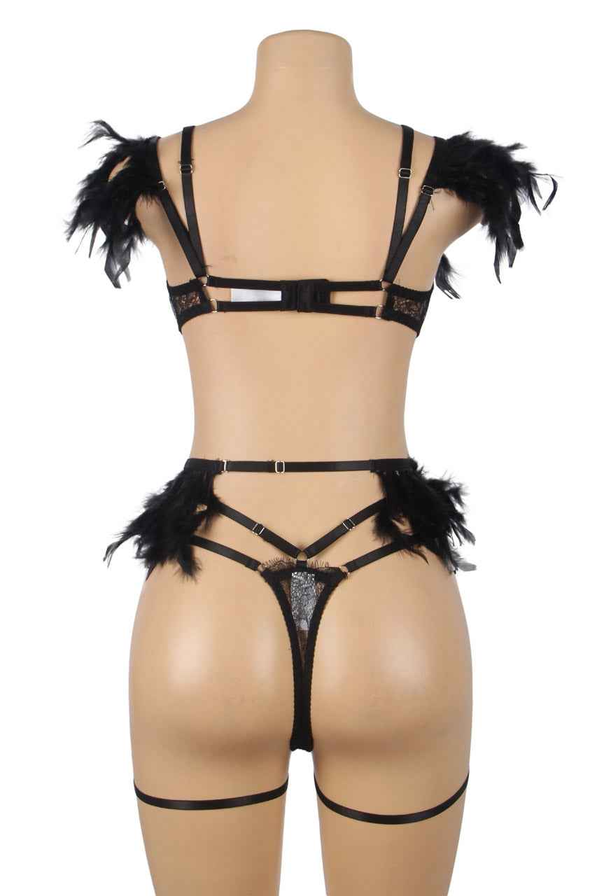 Feather Lace Chain Lingerie Bra Set