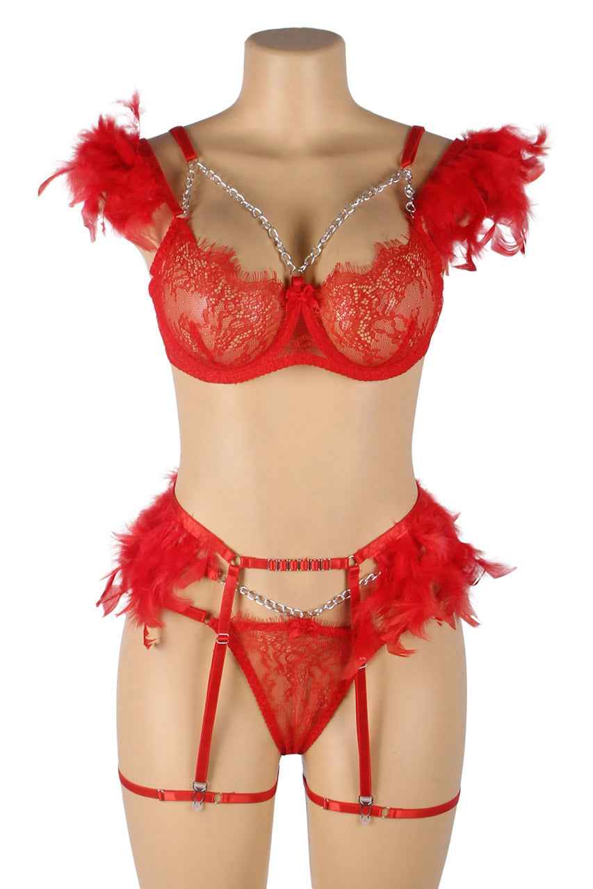 Feather Lace Chain Lingerie Bra Set
