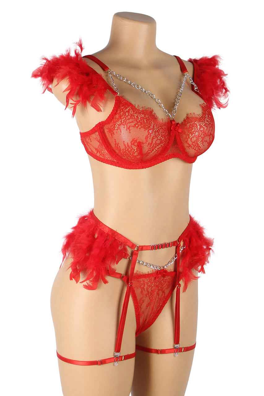 Feather Lace Chain Lingerie Bra Set
