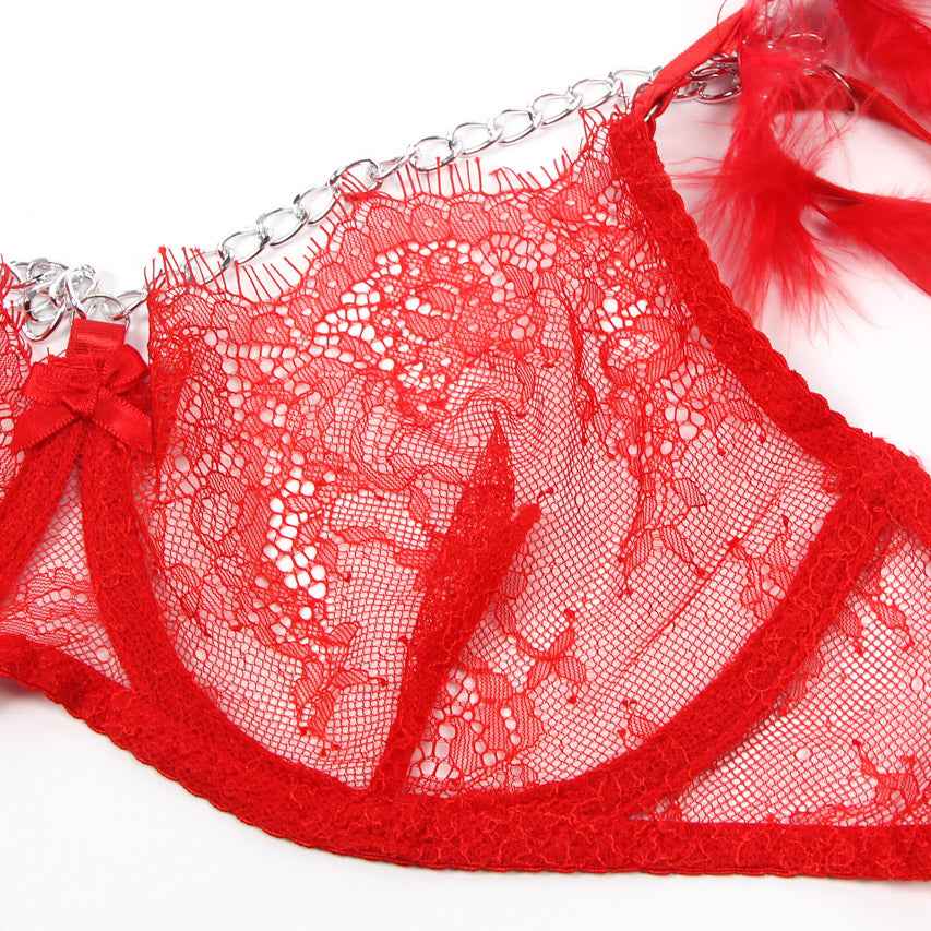 Feather Lace Chain Lingerie Bra Set