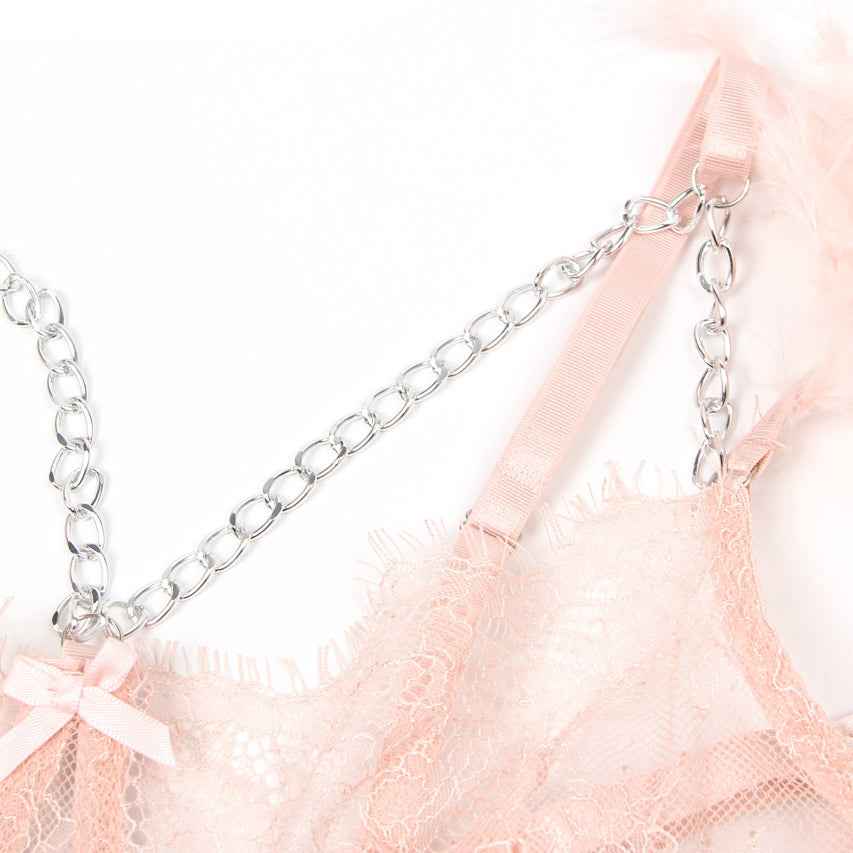 Feather Lace Chain Lingerie Bra Set