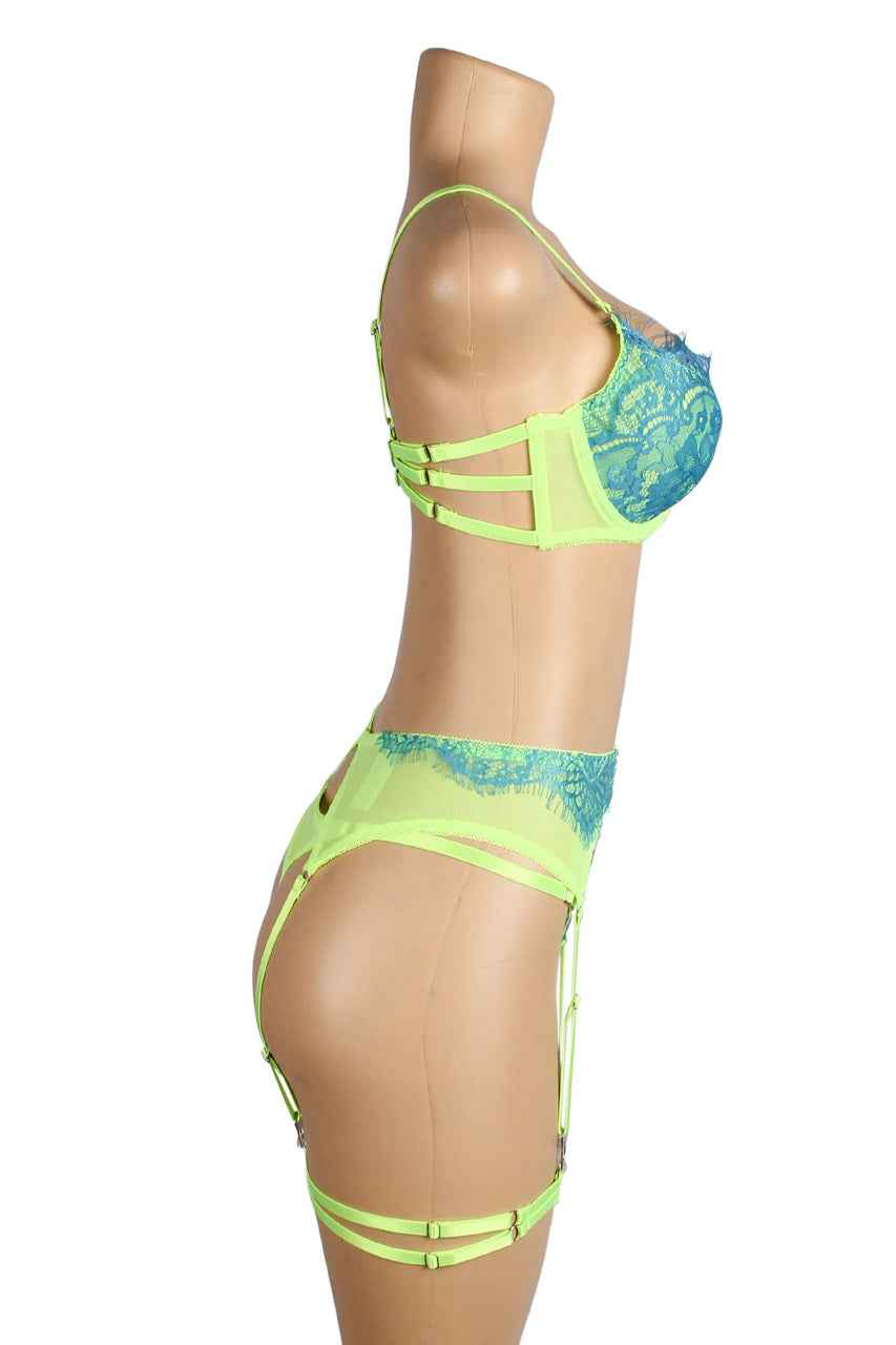 Neon Lace Bra and Garter Set