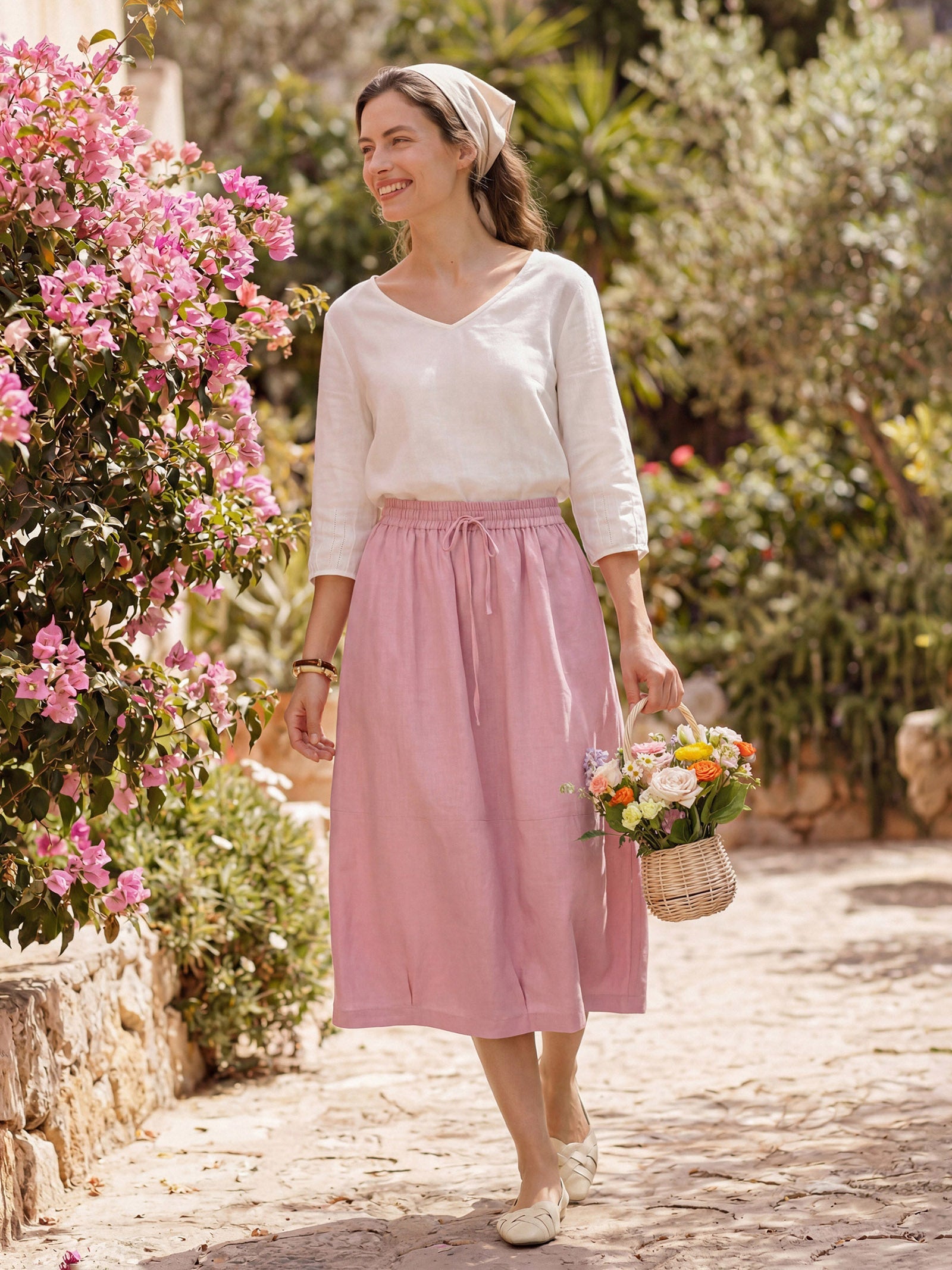 100% Linen Drawstring Lantern Maxi Skirt with Pockets ROXANNE by LINTICO