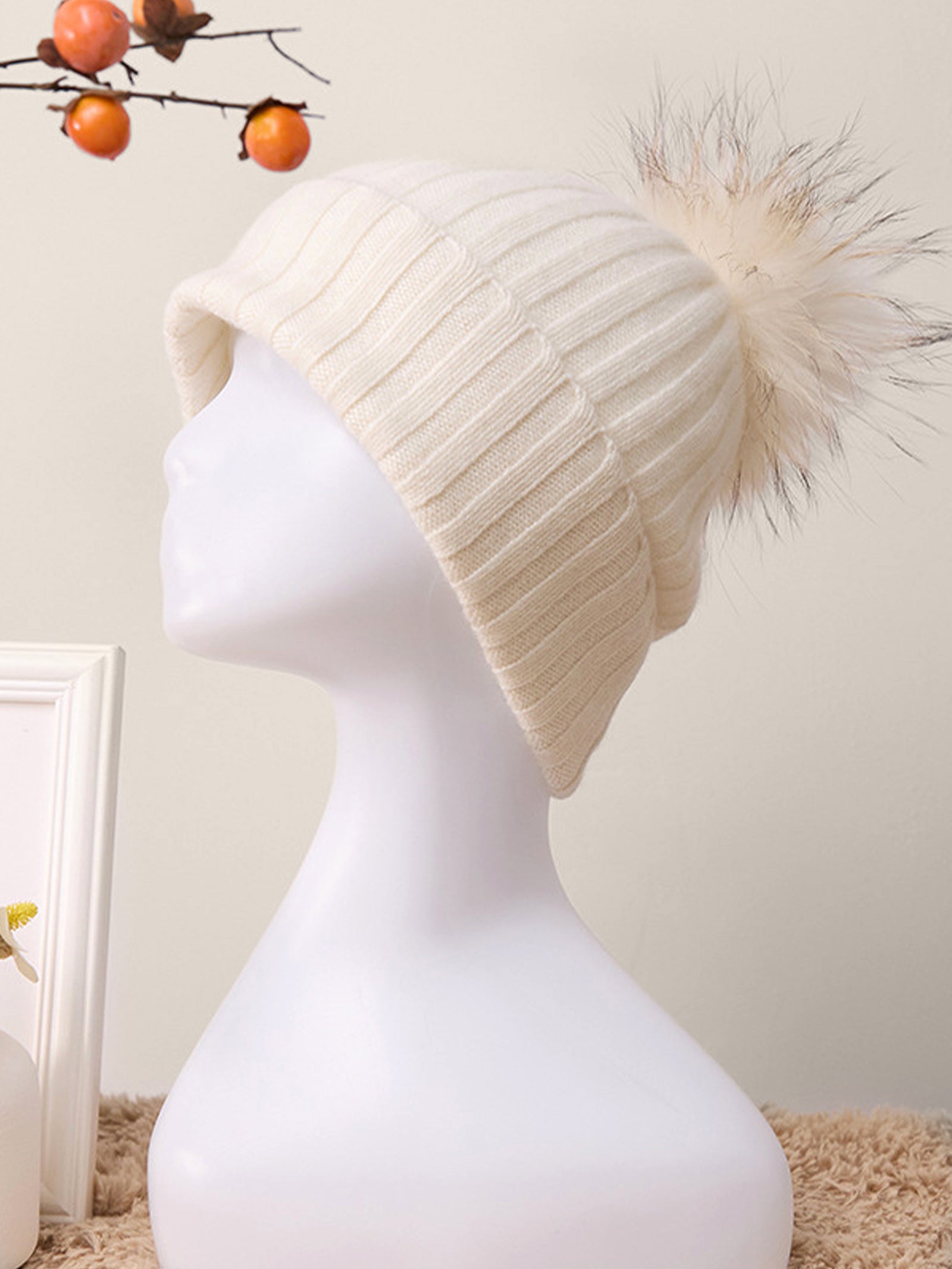 100% Cashmere Rib-Knit Slouchy Beanie With Pom-Pom DestGlow