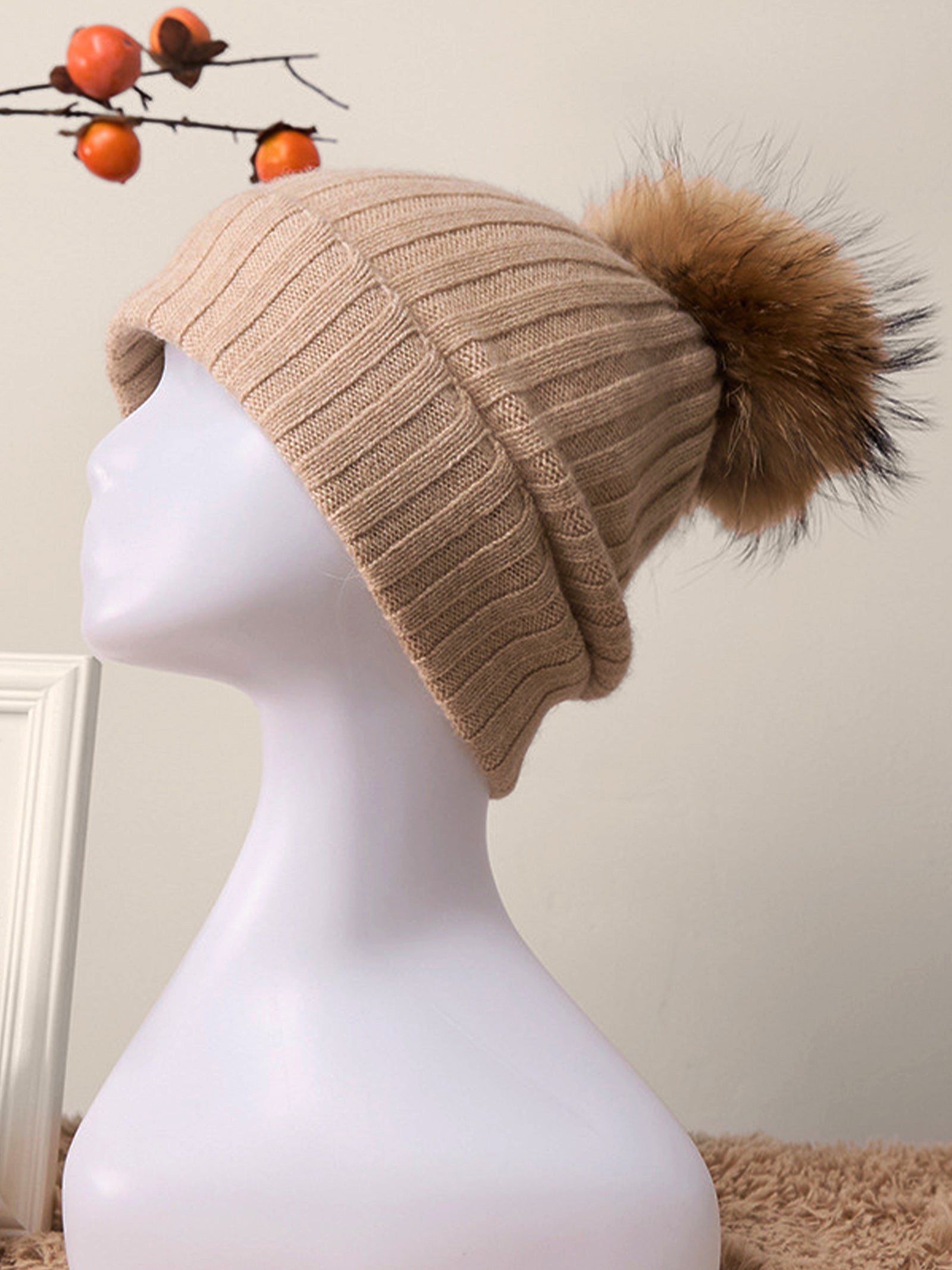 100% Cashmere Rib-Knit Slouchy Beanie With Pom-Pom DestGlow