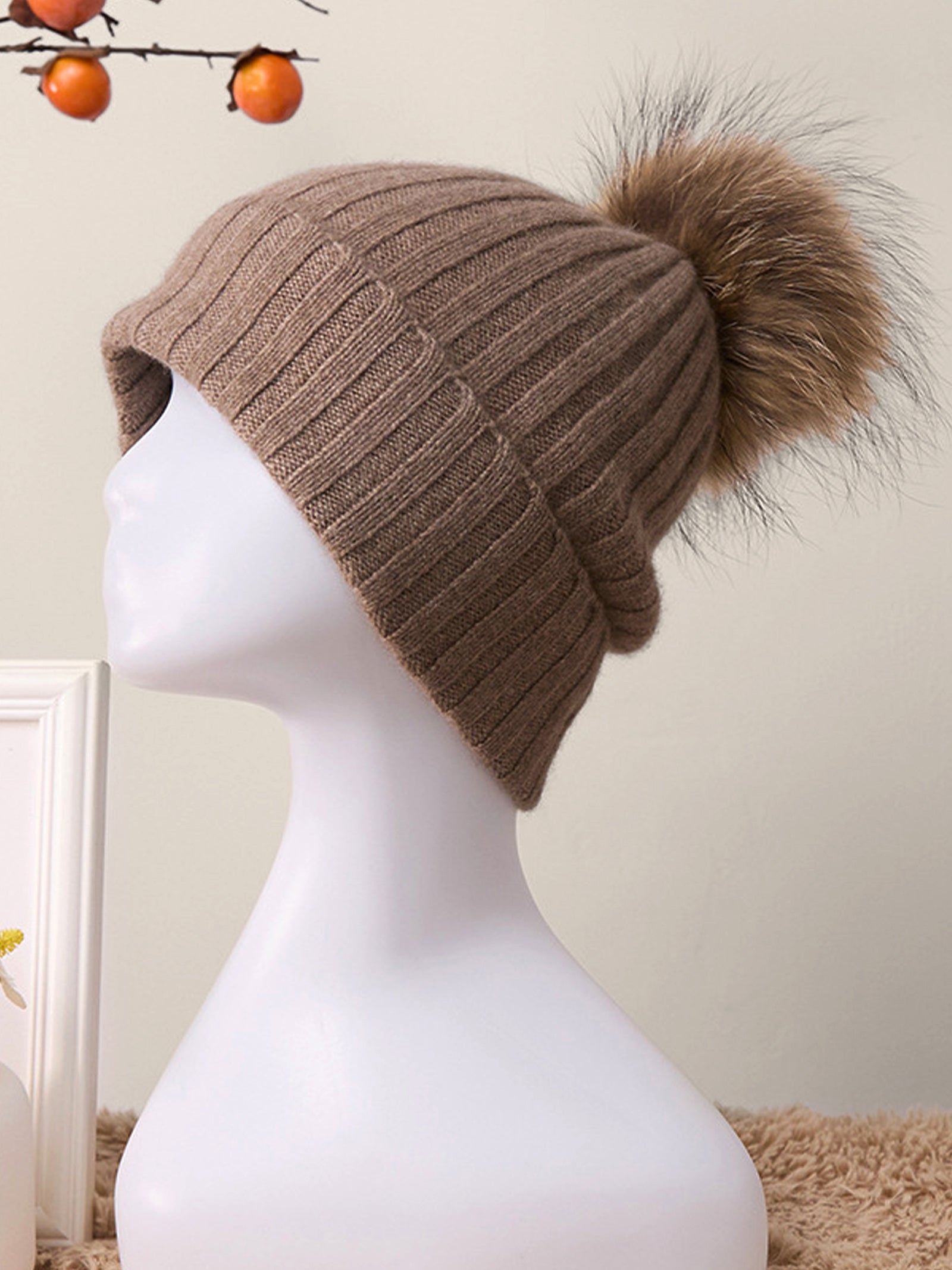 100% Cashmere Rib-Knit Slouchy Beanie With Pom-Pom DestGlow