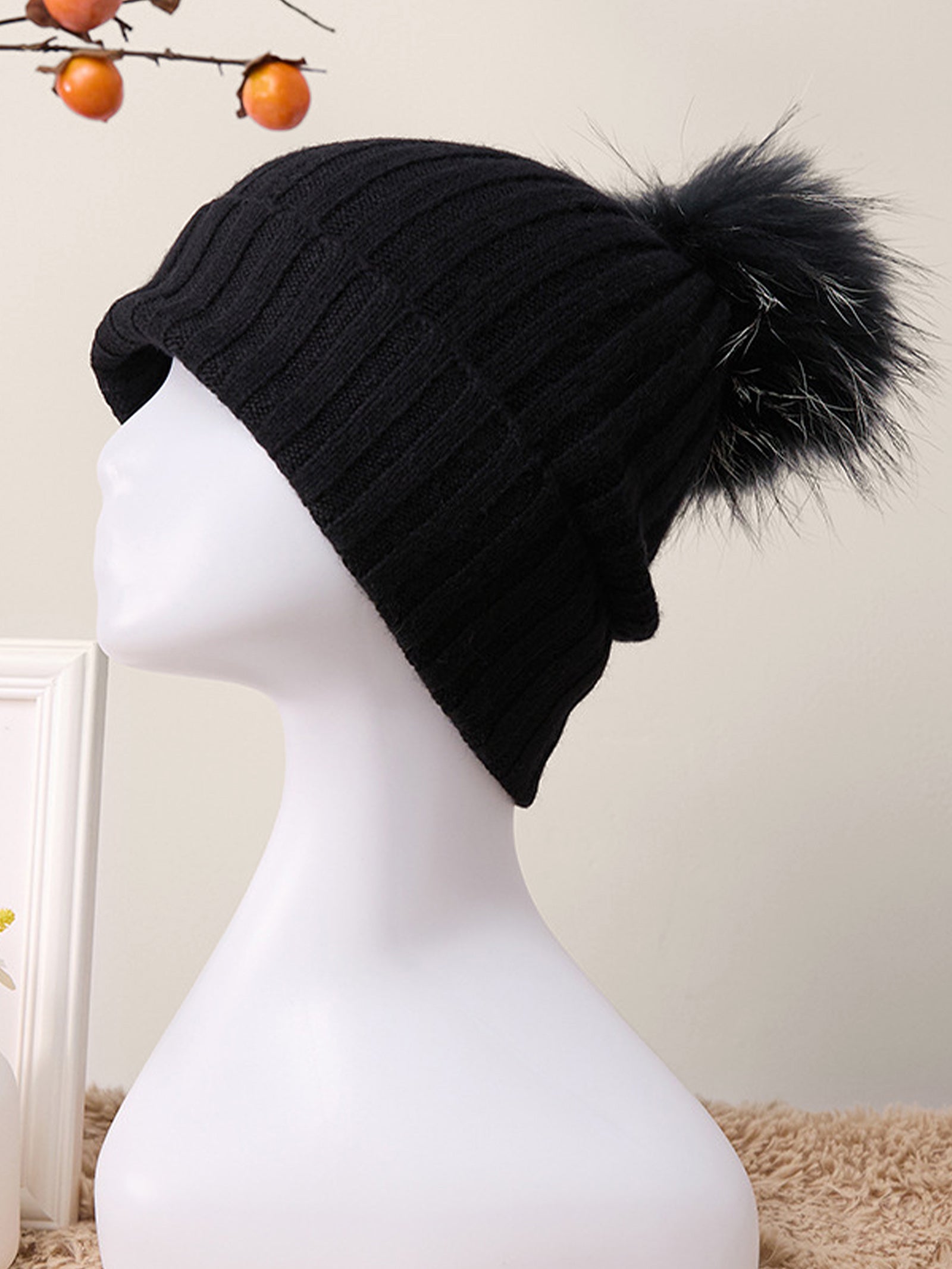 100% Cashmere Rib-Knit Slouchy Beanie With Pom-Pom DestGlow