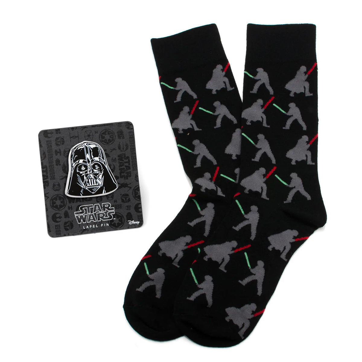 Star Wars Darth Vader and Luke Skywalker LIGHTSABER Battle Black Dress Socks and Darth Vader Lapel Pin Gift Set by Cufflinks.com