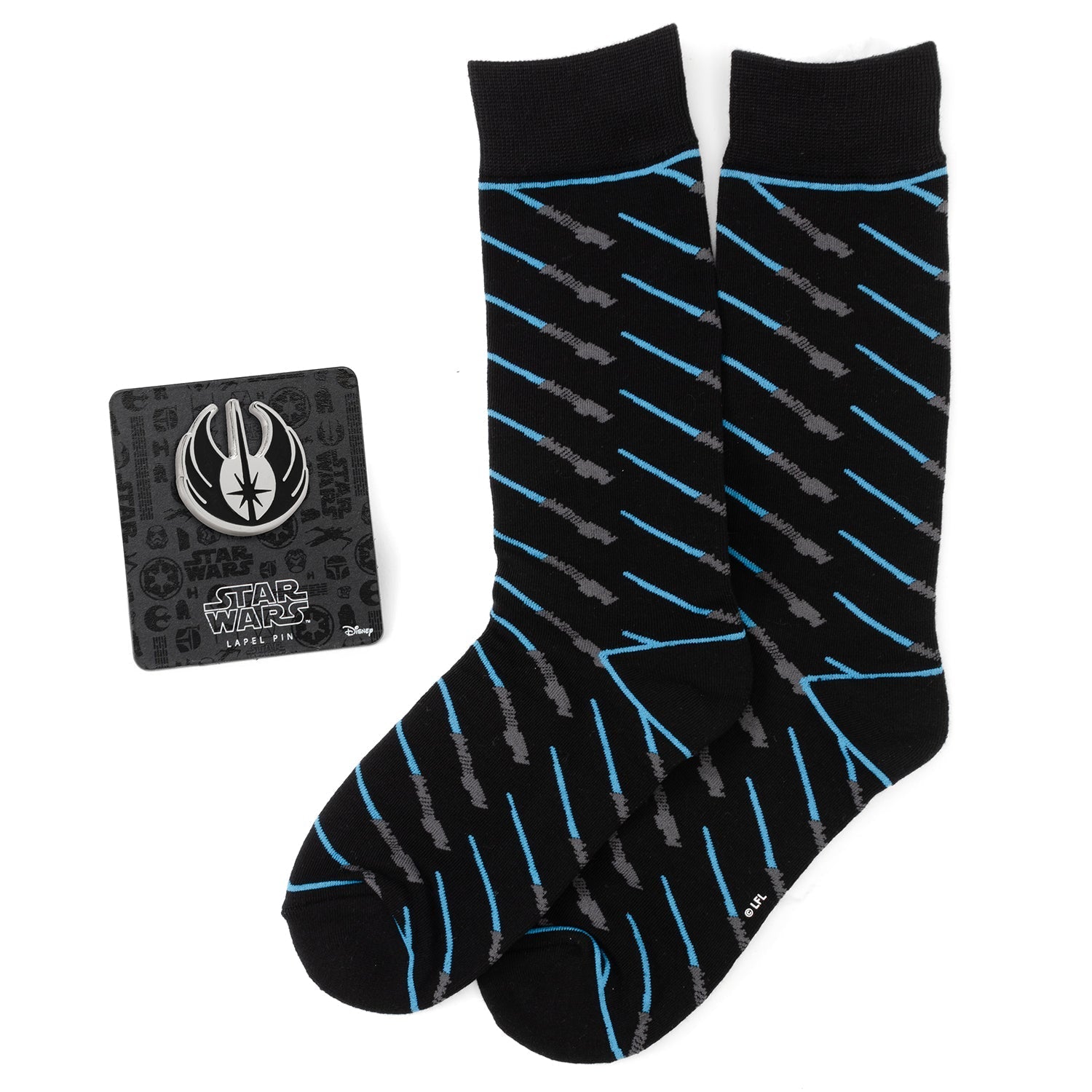 Star Wars Obi-Wan Kenobi Blue LIGHTSABER Pattern Black Dress Socks with Jedi Crest Lapel Pin Gift Set DestGlow