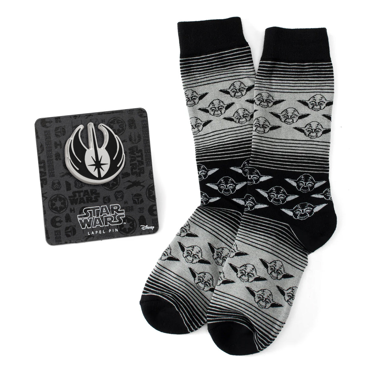 Star Wars Yoda Gray and Black Ombre Pattern Dress Socks with Jedi Crest Lapel Pin DestGlow