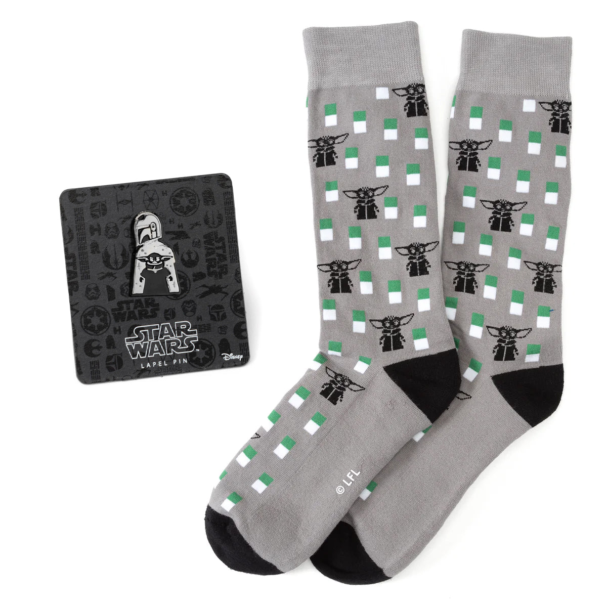Star Wars Mandalorian and Grogu Gray Dress Socks and Lapel Pin Gift Set by Cufflinks.com
