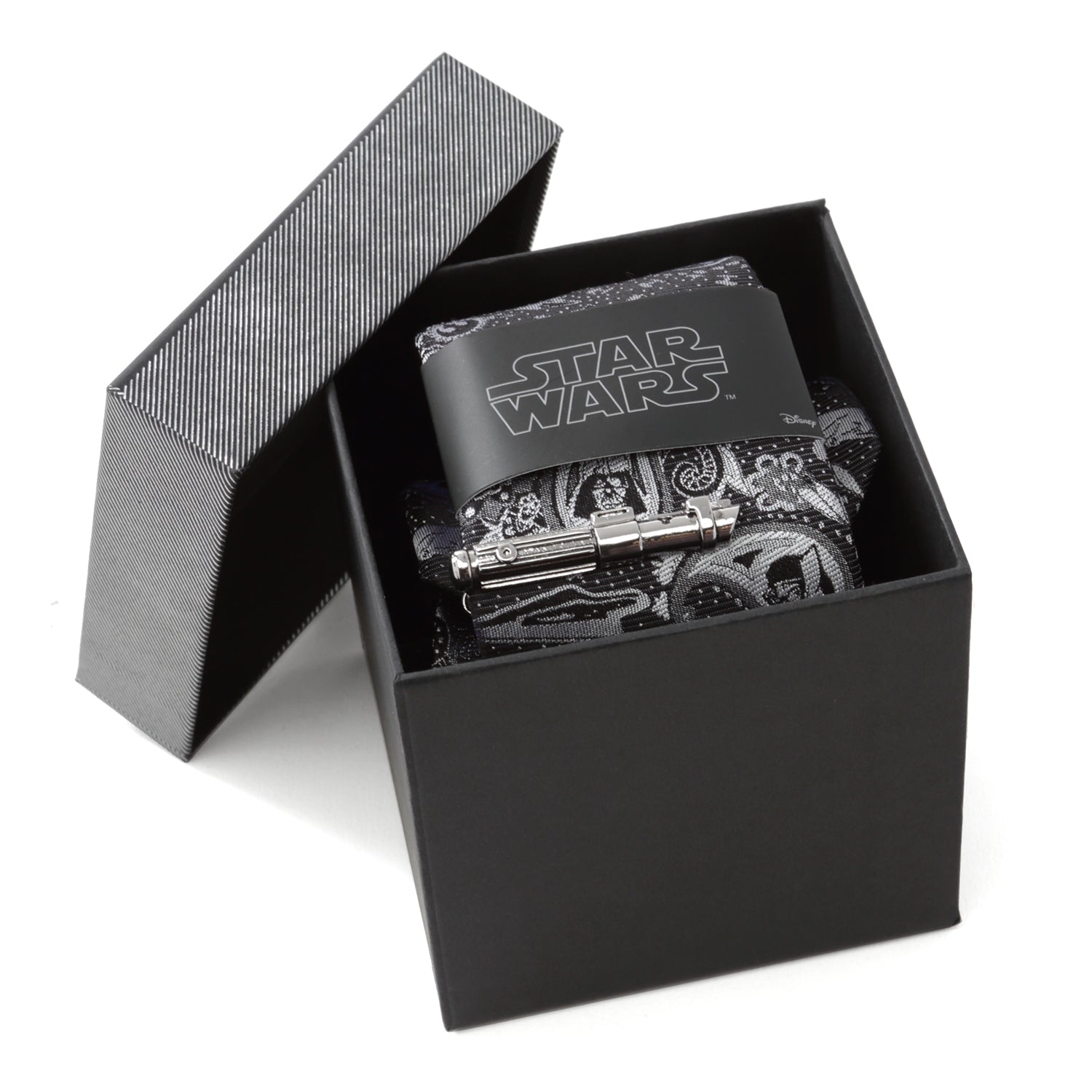 Star Wars Darth Vader Black and Gray Paisley Tie and LIGHTSABER Tie Clip Gift Set