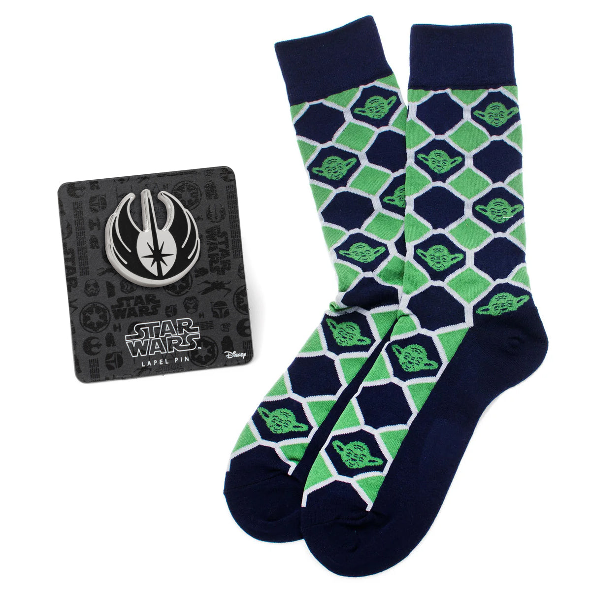 Star Wars Yoda Green and Navy Checkered Dress Socks and Jedi Crest Lapel Pin Gift Set DestGlow