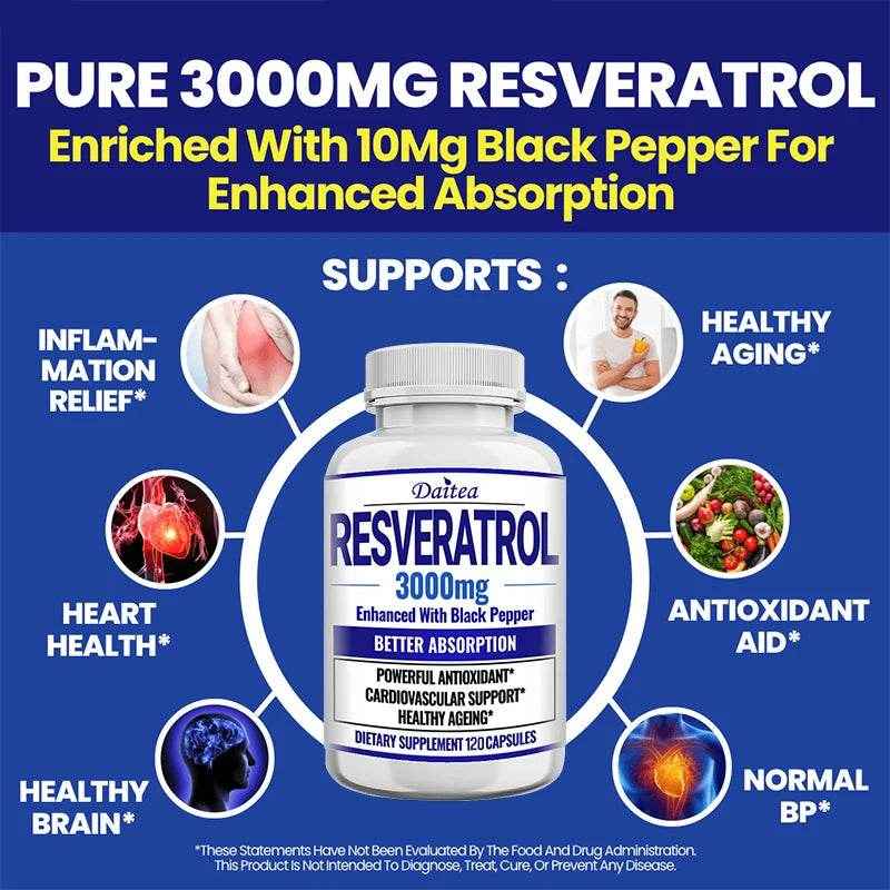 Natural Resveratrol Antioxidant Supplement - Balances Body Energy, Skin Cell Health, Brain Function and Immune System