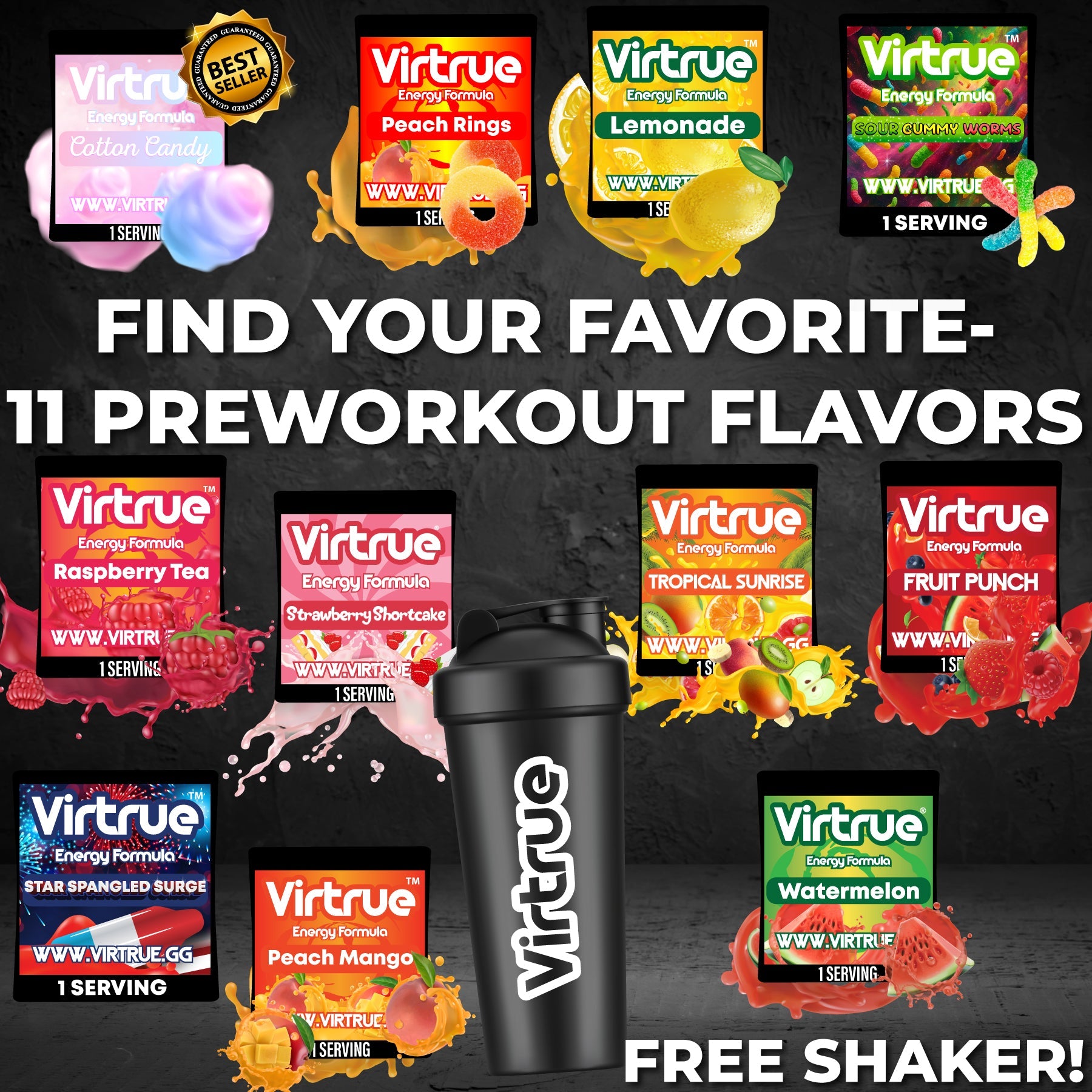 Ultimate 11 Flavor Preworkout Sampler + Shaker | Free Shipping! by Virtrue