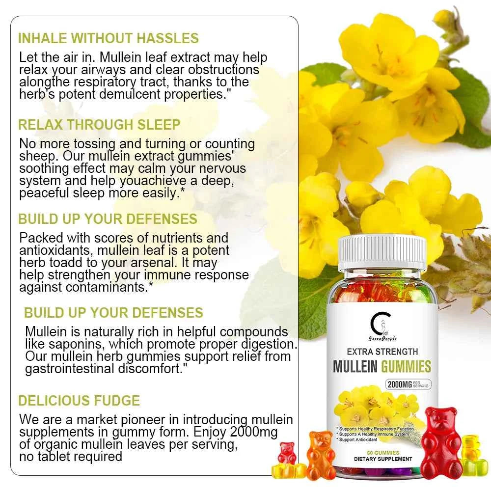Mullein Gummies for Lung Cleanse, Extra Strength Mullein Leaf Extract, Deep Sleep Better Boost Immune System Iherbal Supplement