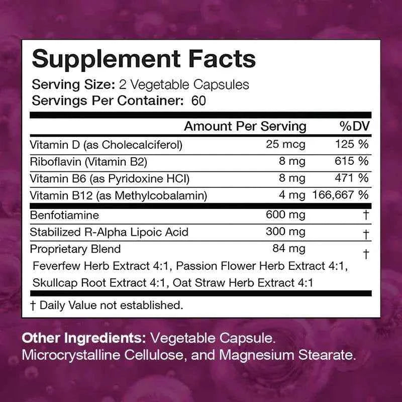 300 mg of stabilized R-lipoic acid, a multivitamin and antioxidant that supports nervous system health and blood sugar balance.