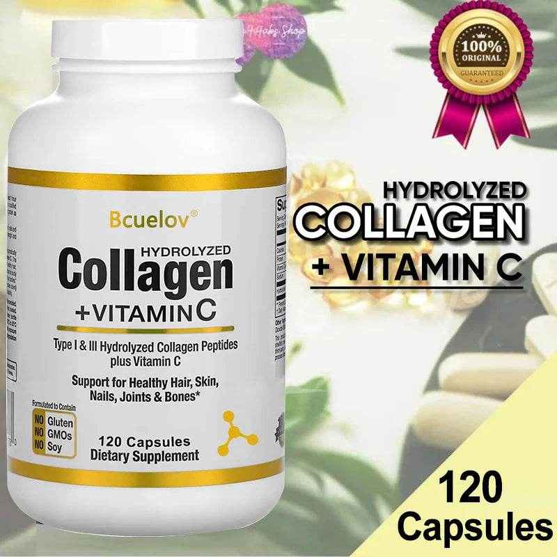 Bcuelov Type I & III Hydrolyzed Collagen Peptides Plus Vitamin C Supports Healthy Hair, Skin, Nails, Joints & Bones
