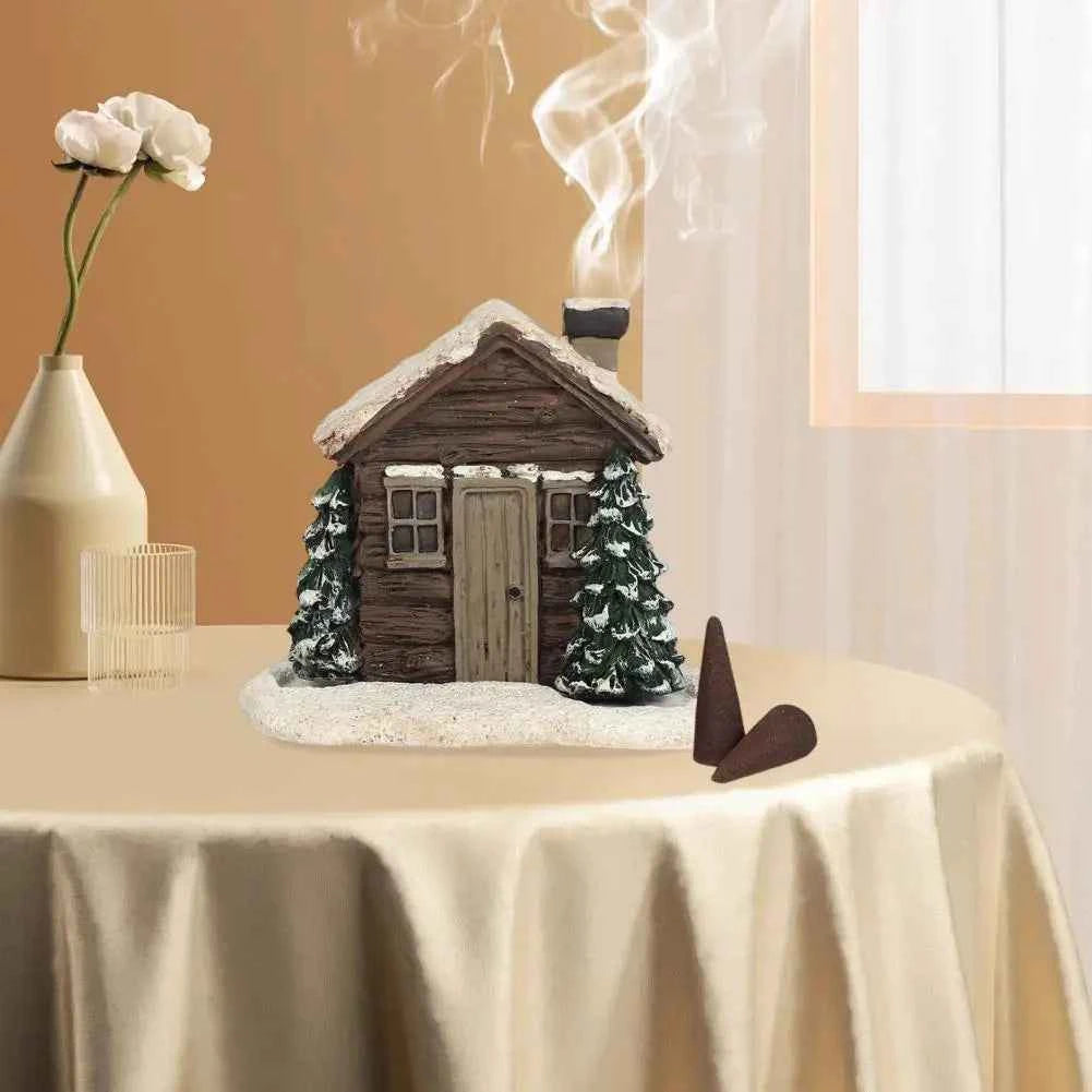 Winter Cabin Decoration - Rustic Log Cabin Incense Burner in Christmas Style for Home Fragrance and New Year Gifts