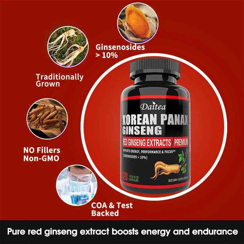 Korean Red Ginseng Vegetarian Capsules - Balances Energy Levels, Reduces Stress, Helps Maintain Memory, Focus and Fights Fatigue