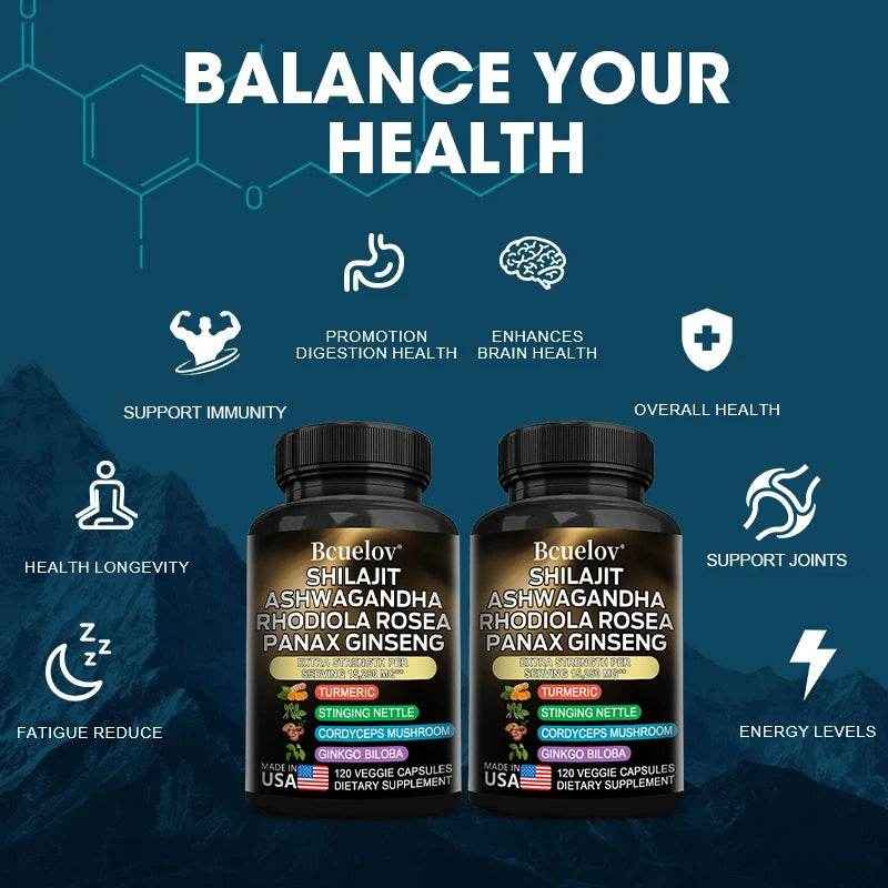 Shilajit Pure Himalayan with Ashwagandha, Rhodiola, Ginseng, Men & Women Supplement - Brain, Energy, Joints, Immunity