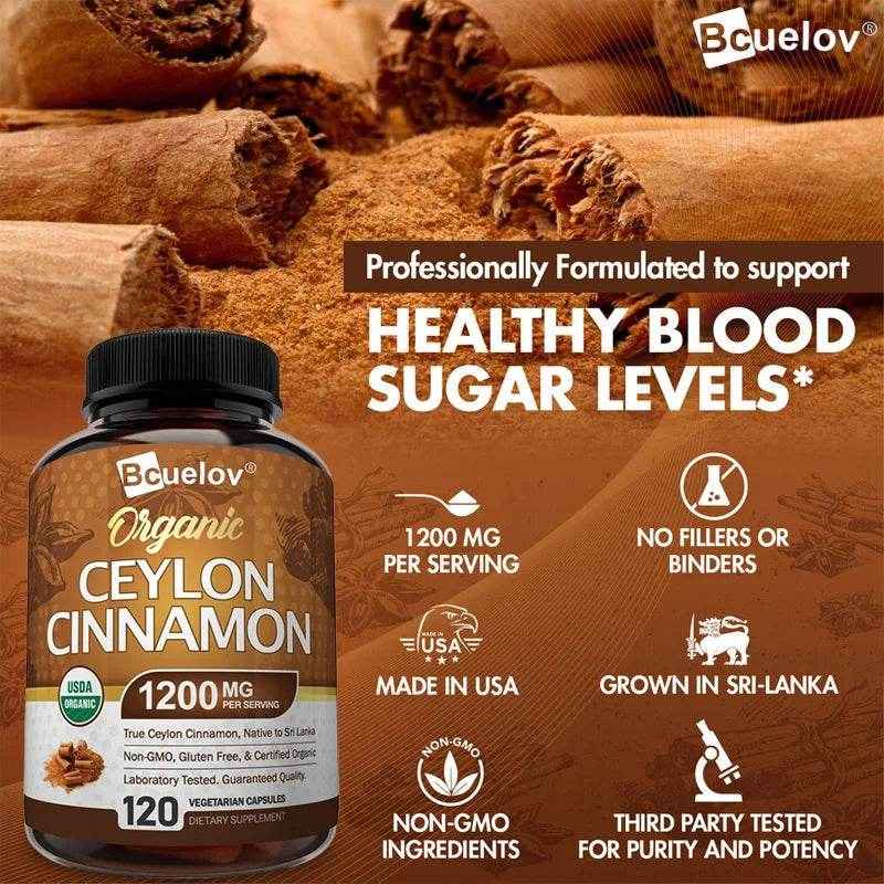 Organic Ceylon Cinnamon Supplement 1200mg - Supports Healthy Blood Sugar Levels and Promotes Heart Health, Antioxidants