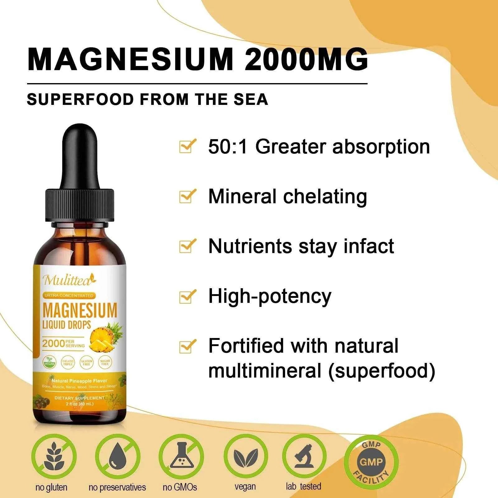 Mulittea Magnesium Glycinate Drops In Pineapple Flavor For Calming Mood, Muscles Sleep, Promoting Nerves and Relaxation