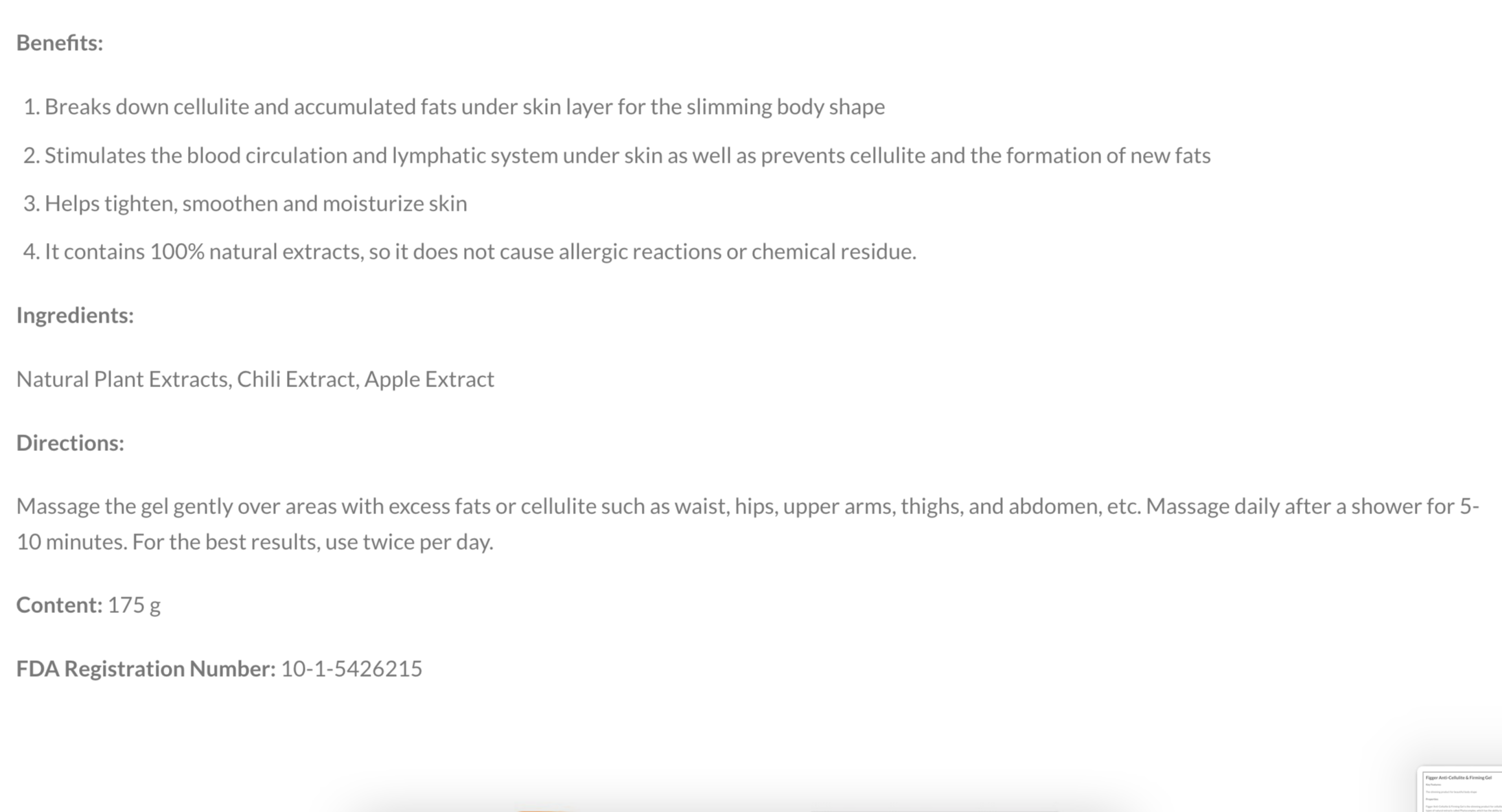 Figger Anti-Cellulite and Firming Gel Pure Natural Ingredients