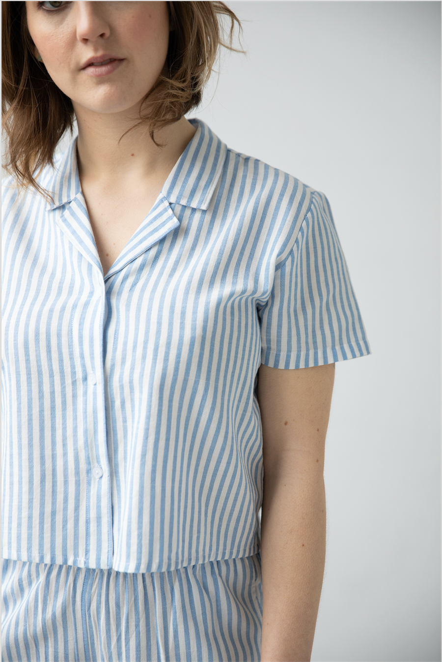 Cropped Button Down-High Waisted Striped Capri