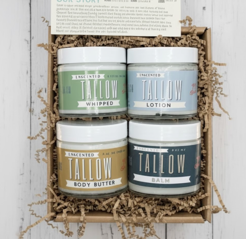 Unscented Tallow Skincare Collection | 4-Piece Gift Set | Grass-Fed Tallow Lotion, Body Butter, Balm & Whipped Moisturizer