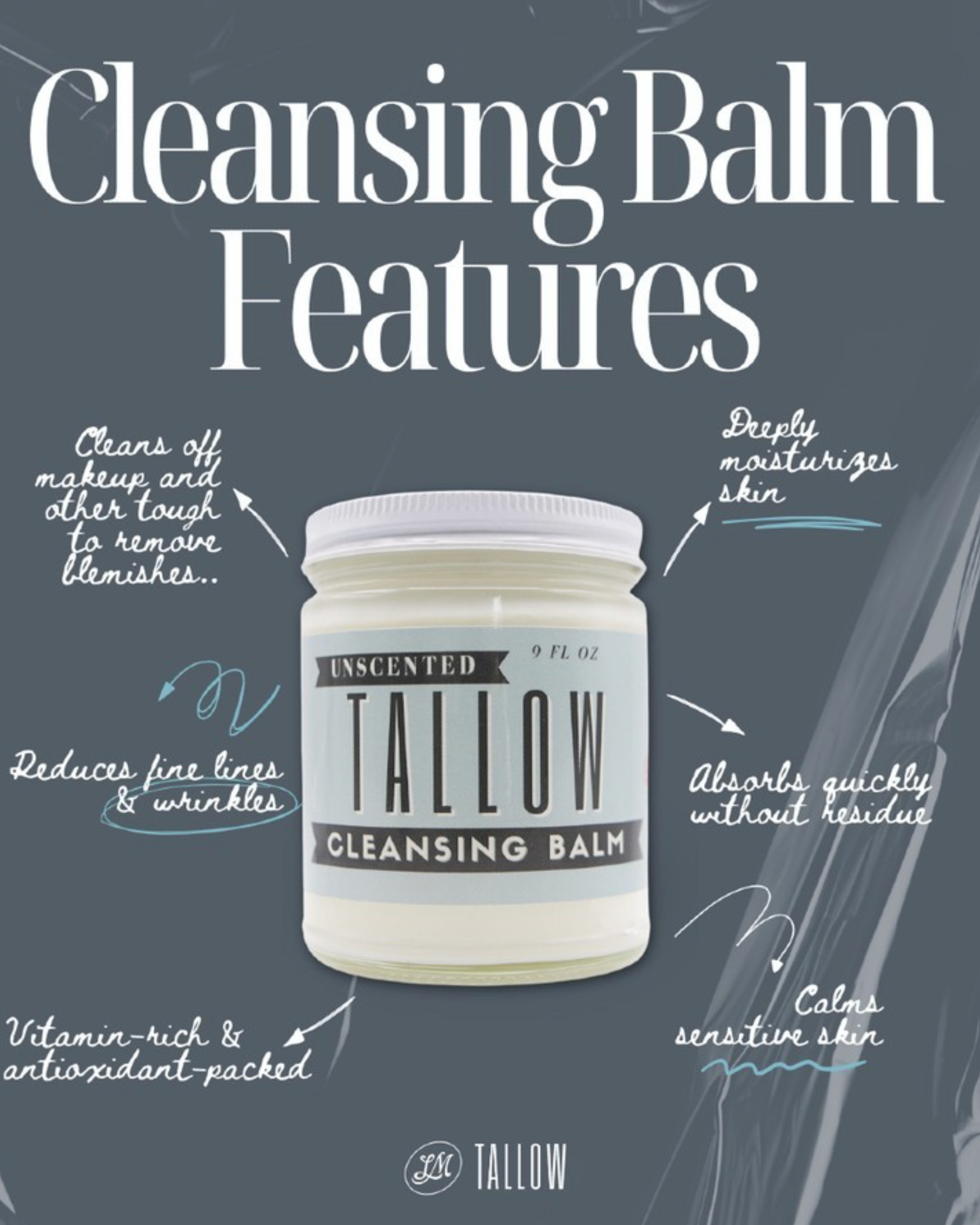 Unscented Tallow Cleansing Balm | Natural Makeup Remover & Deep Moisturizing Cleanser | Grass-Fed Beef Tallow with Castor Oil by Lady May Tallow