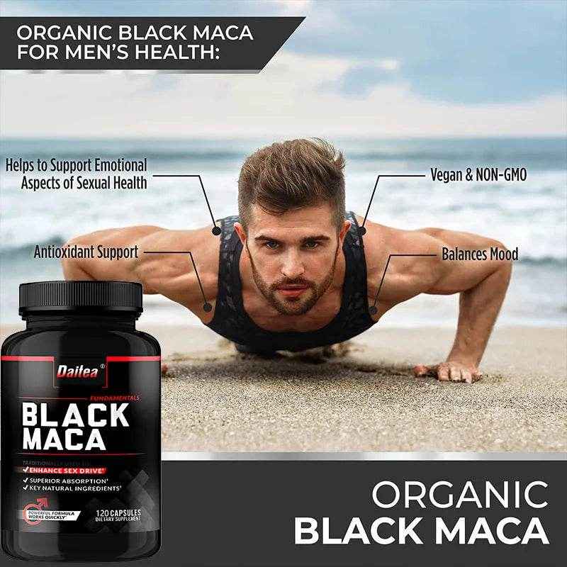 Organic Black Maca Capsules, Helps with Energy, Endurance, Mood Health, Antioxidant Support, Vegan, Non-GMO