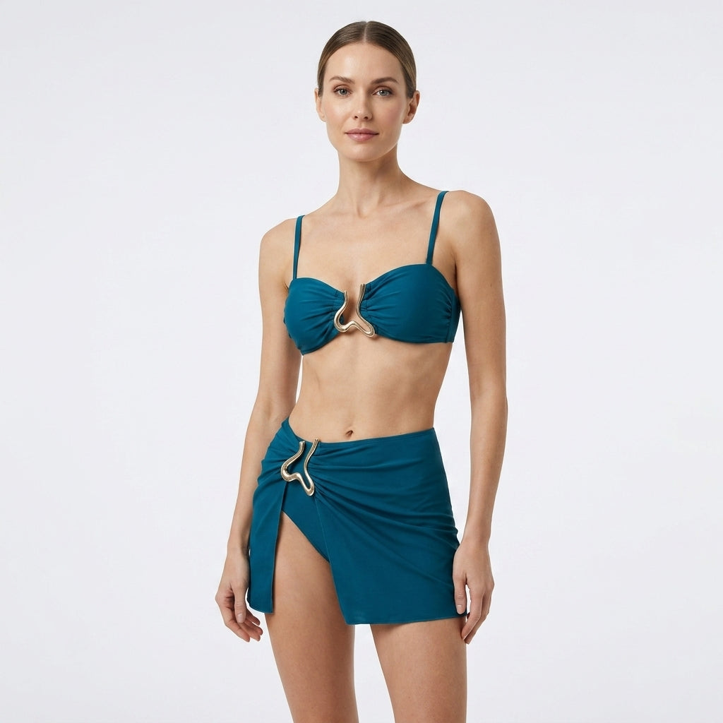 Seaside Sculpt 3 Piece Bikini and Sarong Set Gold Accents