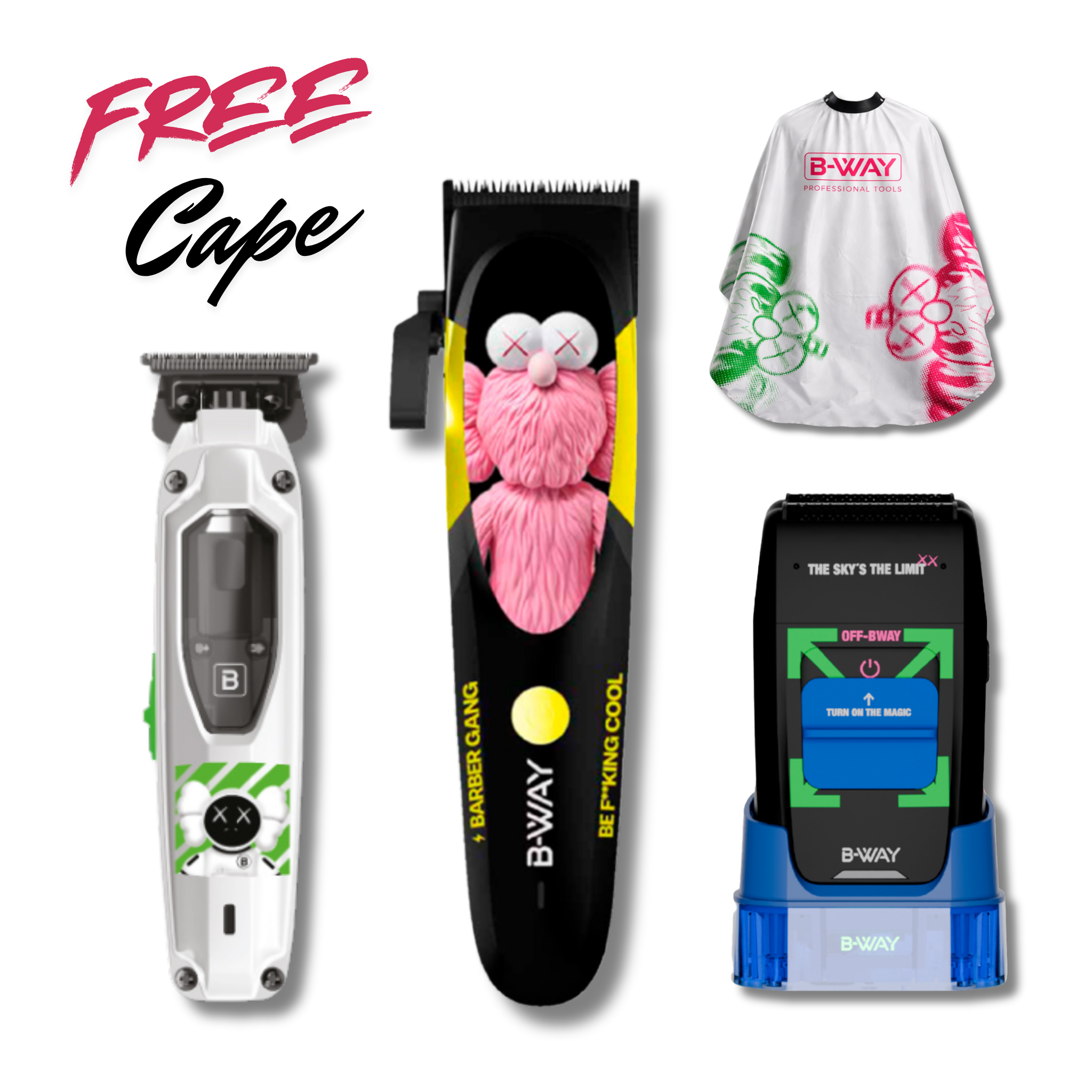 B-Way B10K Clipper, T-Pro Trimmer, Off-Shaver Black - 3 in 1 Set FREE CAPE DestGlow