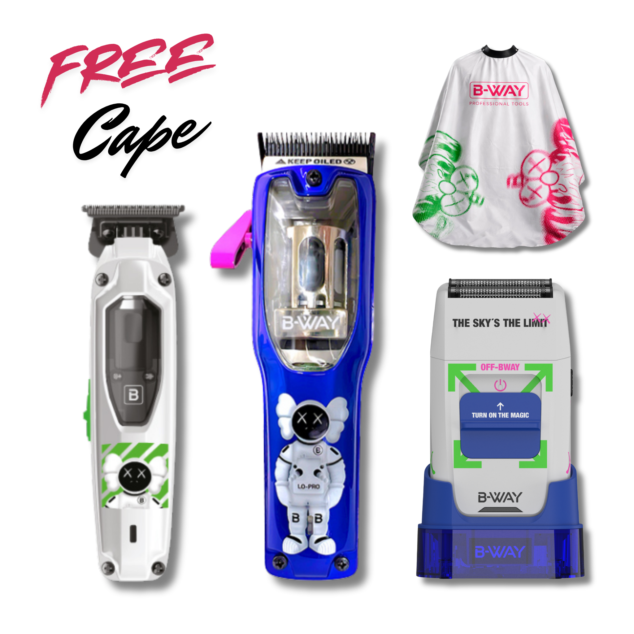 B-Way Lo-Pro X Clipper ,T-Pro Trimmer and OFF-Shaver Set - 3 in 1 Set FREE CAPE - DestGlow