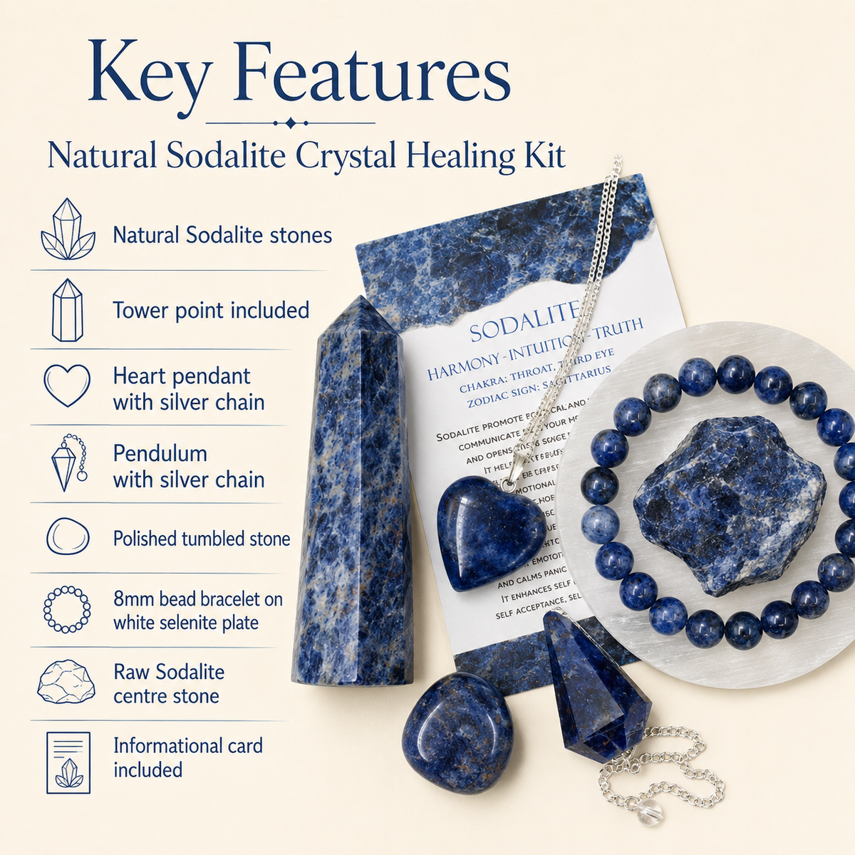 Sodalite Crystal Gift Set For Emotional Support and Protection, Real Polished Gemstones. DestGlow