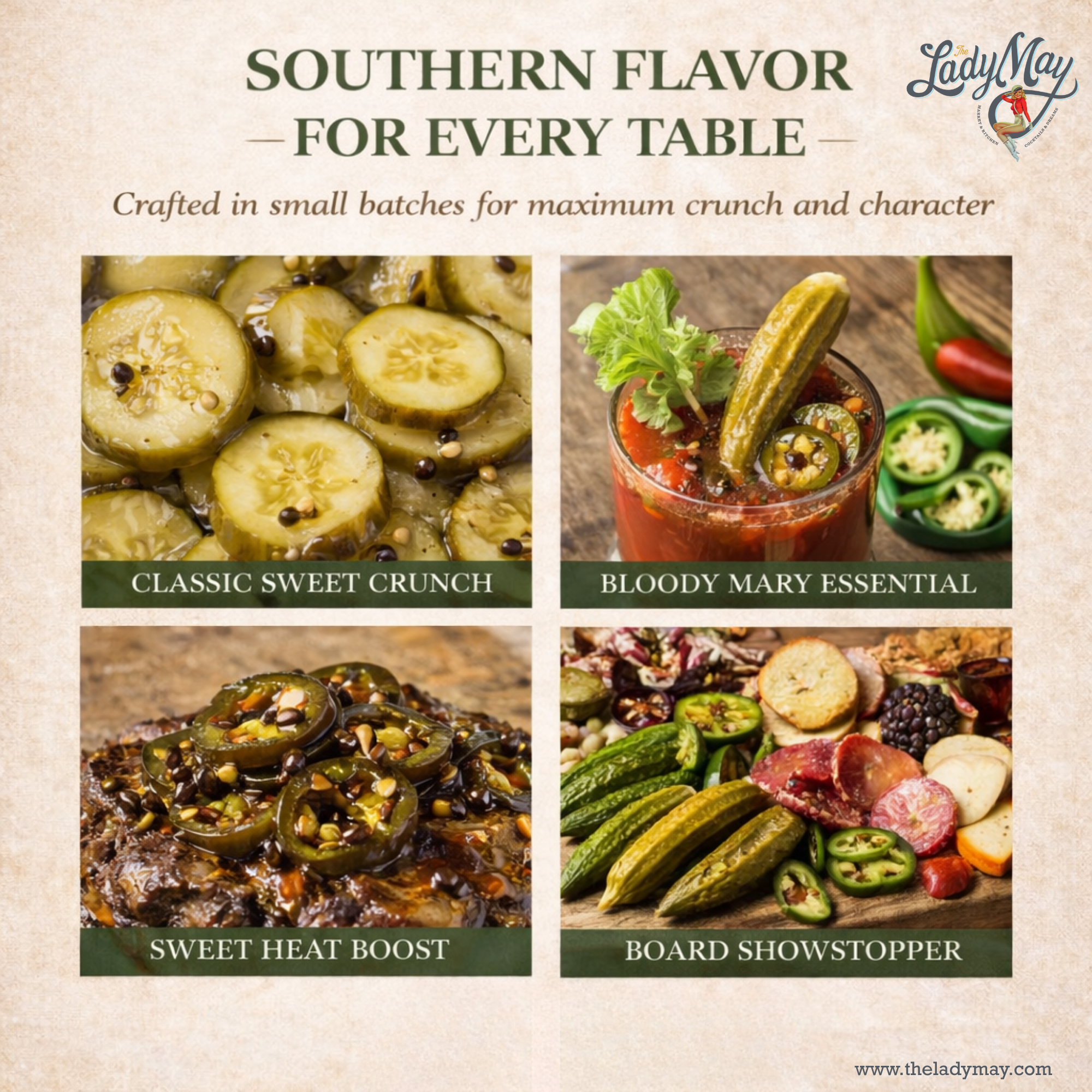 Lady May Pickle Trio Gift Set – 3 Pack Bundle (24oz Jars) – Bread & Butter Sweet Pickles, Sweet & Spicy Pickled Okra, Candied Jalapeños – Small Batch Southern Style – Restaurant Made Gourmet Pickles by The Lady May