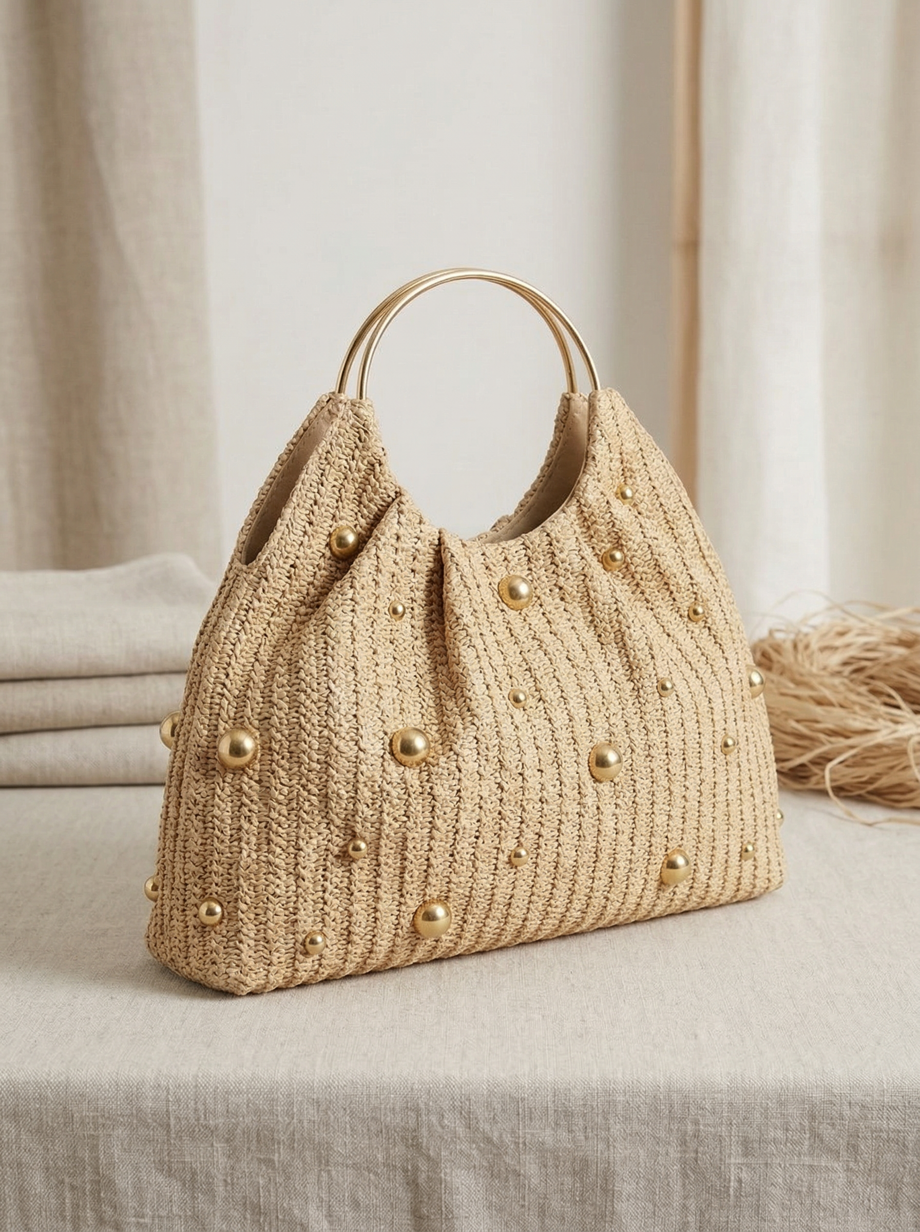 Artisanal Studded Handwoven Raffia Bag with Sculptural Gold Ring Handle by LINTICO