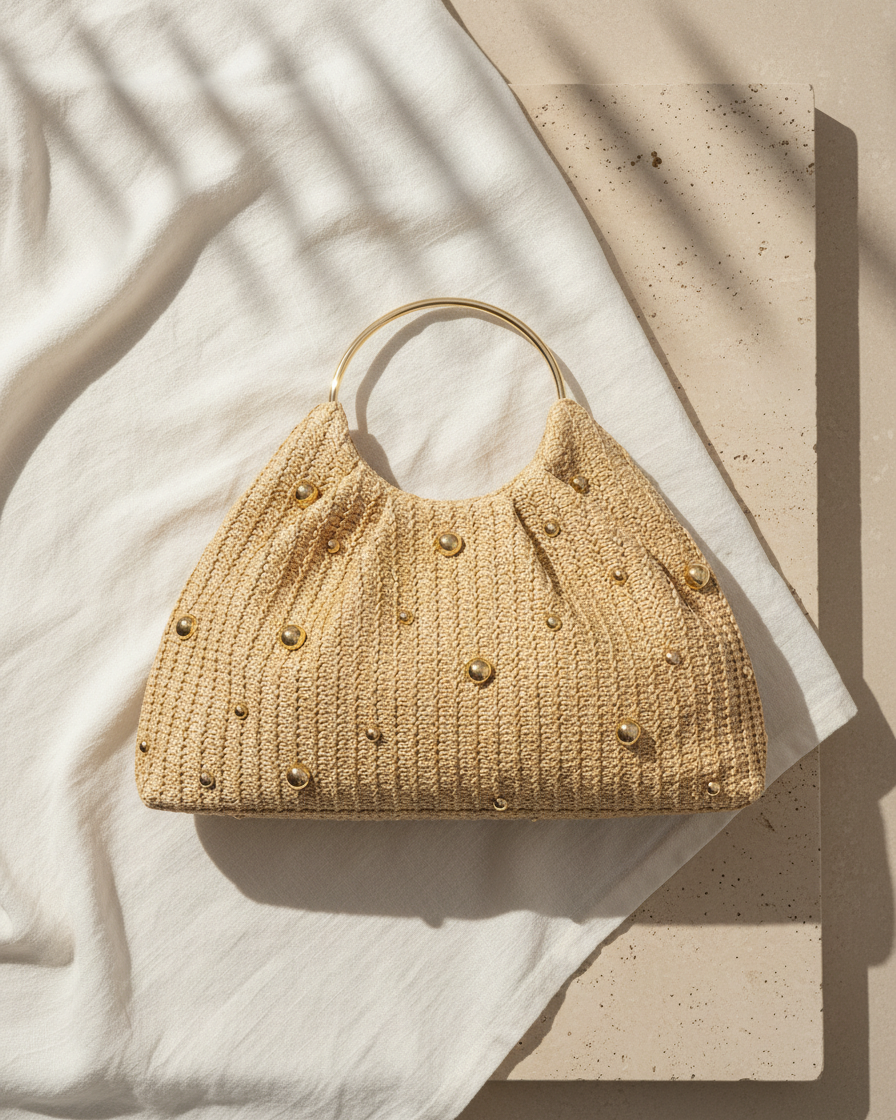 Artisanal Studded Handwoven Raffia Bag with Sculptural Gold Ring Handle by LINTICO