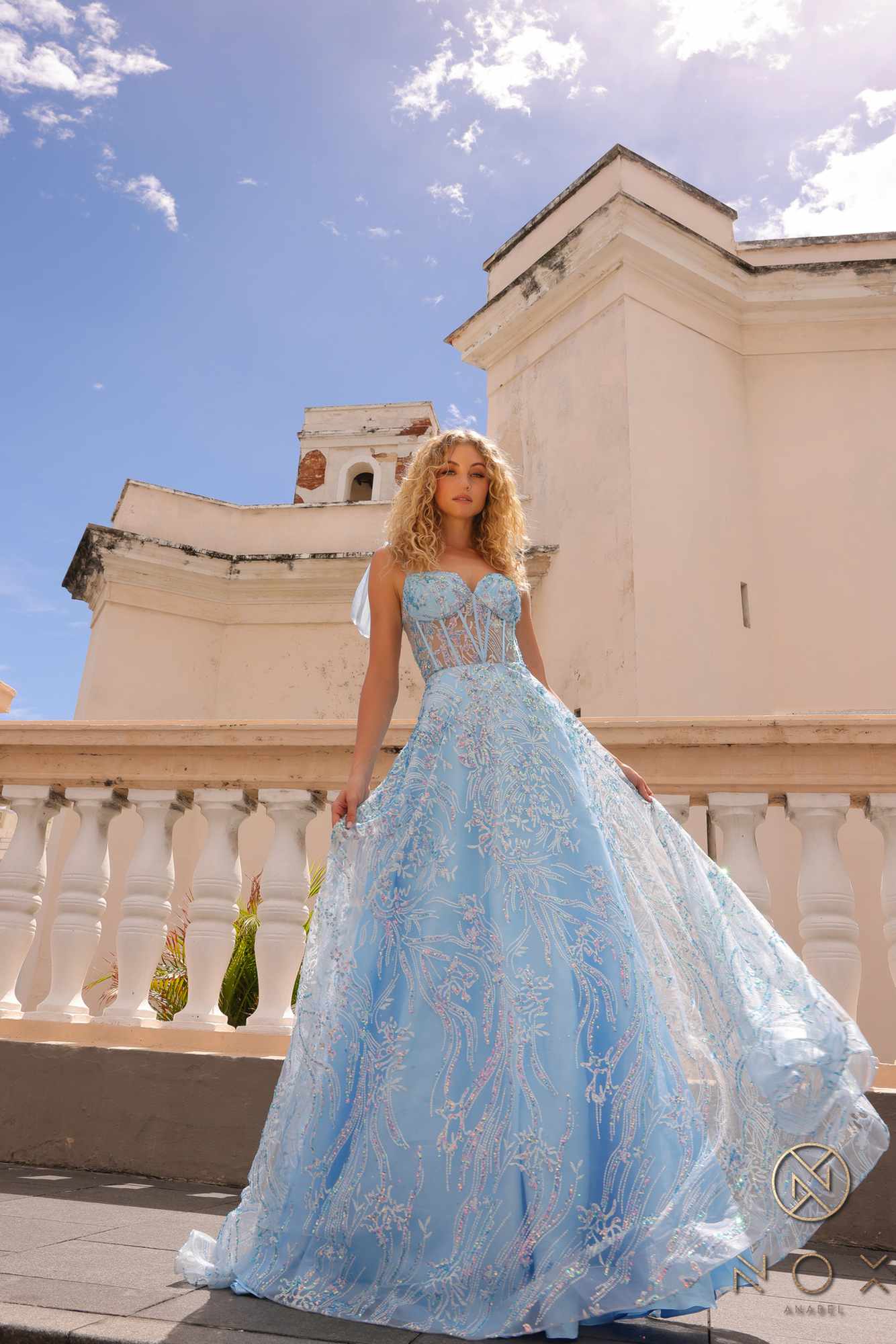 Nox Anabel T1336 Long A-Line Glitter Sequin Applique Corset Ball Gown by DiscountDressShop